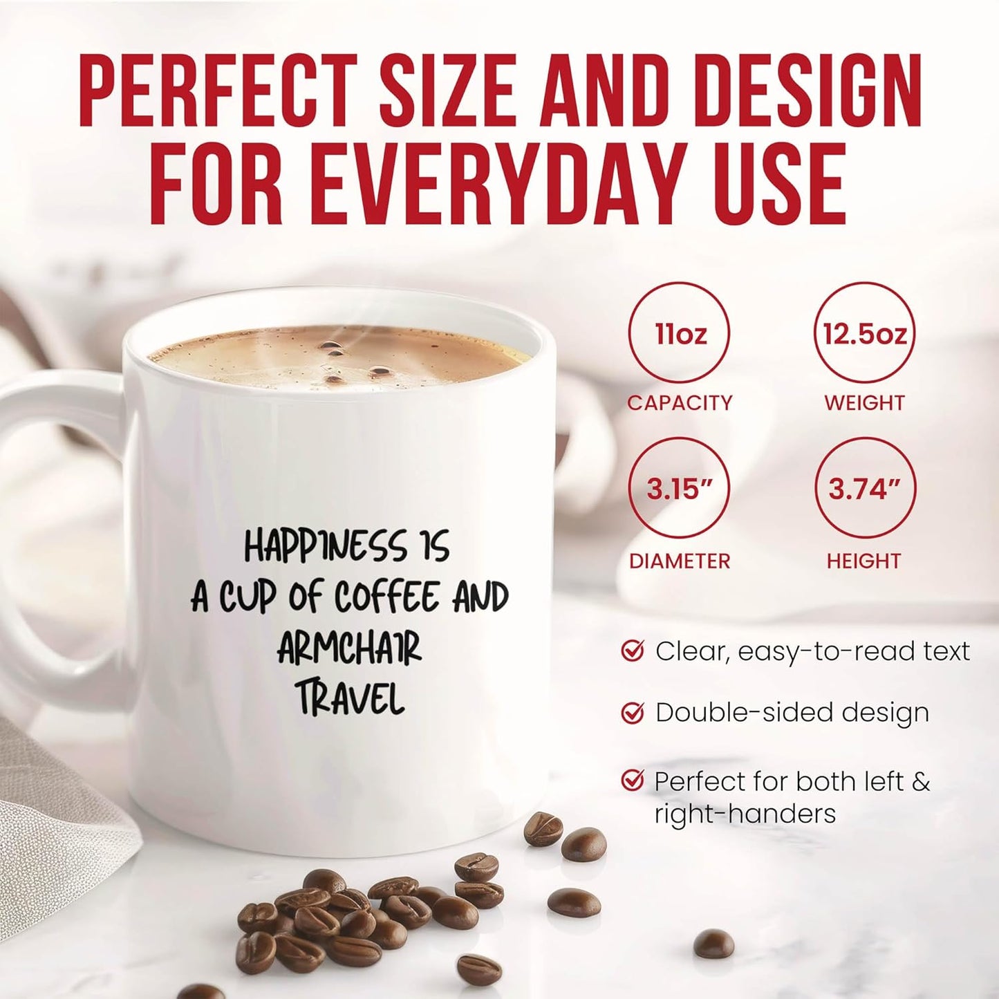 Hapiness Is Coffee And Armchair Travel Mug - Explorer Cup - Book Funny Gift From - Imagination Tea Mugs - Cups - 11 Oz Ceramic Gifts For Reading Birthday, Him, Her, Literature Storyteller, Dreamer
