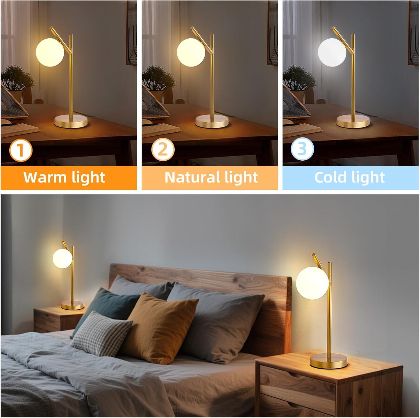 Mid Century Modern Globe Table Lamp, White Glass Shade Bedside Lamp - Eye-Caring Night Light for Bedroom, Living Room, Study Room
