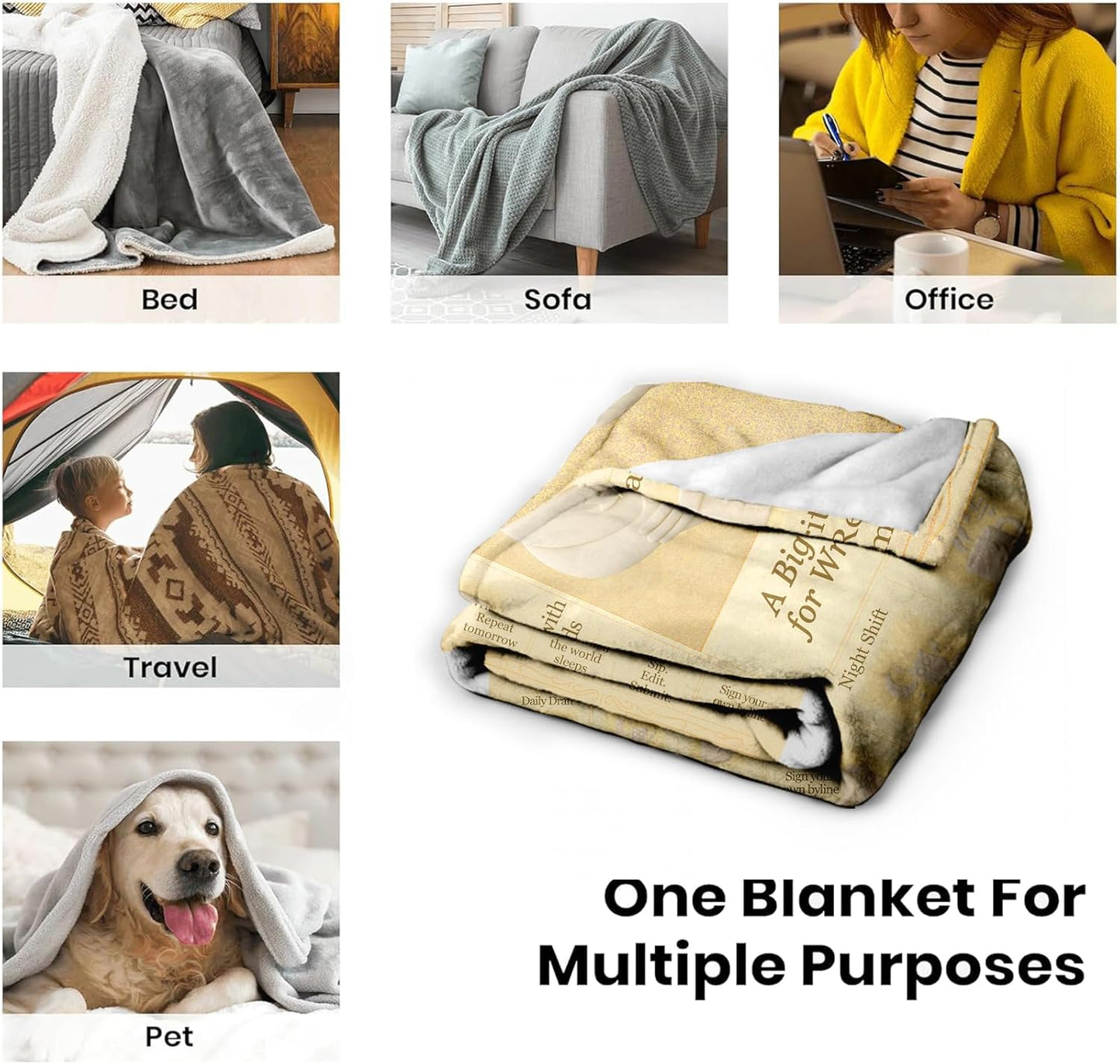 Writer Blanket 60x50 Flannel Throw, Vintage Press Newspaper-Inspired Aesthetic, Cozy Gift for Authors, Journalists & Editors, Soft Couch Decor for Reading Nook