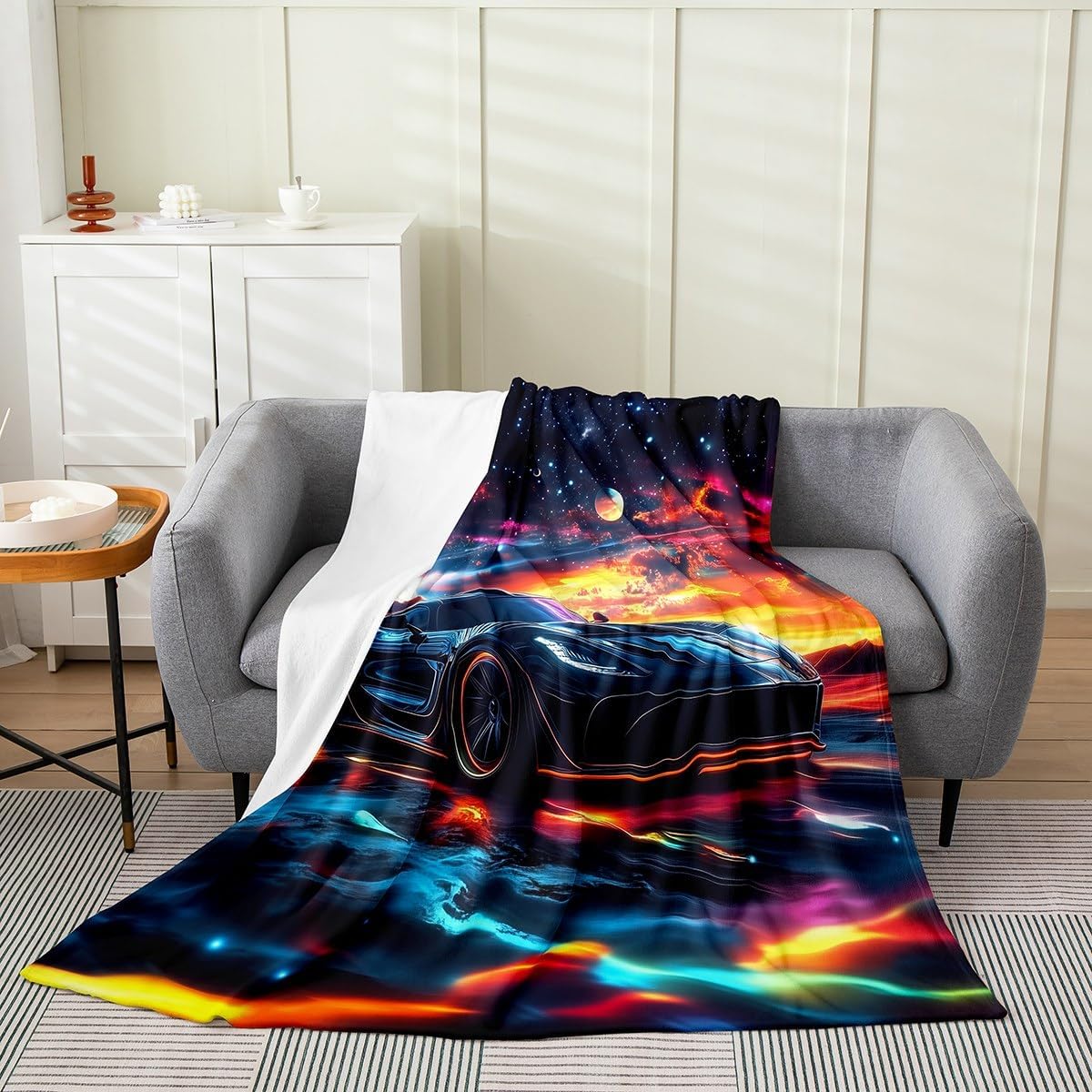 Erosebridal Kids Boys Sports Car Flannel Blanket Queen 90x90,Cosmos Outer Space Universe Blanket Race Cars Decor,Glitter Stars Racing Cars Fleece Blankets,Cool Speed Race Sports Car Throw Blankets