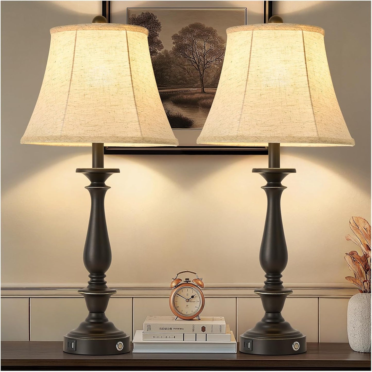 AIDENOEY 28.5" Traditional Table Lamp Set of 2, Rustic Farmhouse Table Lamps for Living Room Bedroom, Bedside Desk Lamps Vintage Nightstand Lamps with Silk Fabric Shades, Black Sweep White Gold