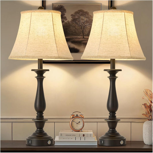 AIDENOEY 28.5" Traditional Table Lamp Set of 2, Rustic Farmhouse Table Lamps for Living Room Bedroom, Bedside Desk Lamps Vintage Nightstand Lamps with Silk Fabric Shades, Black Sweep White Gold