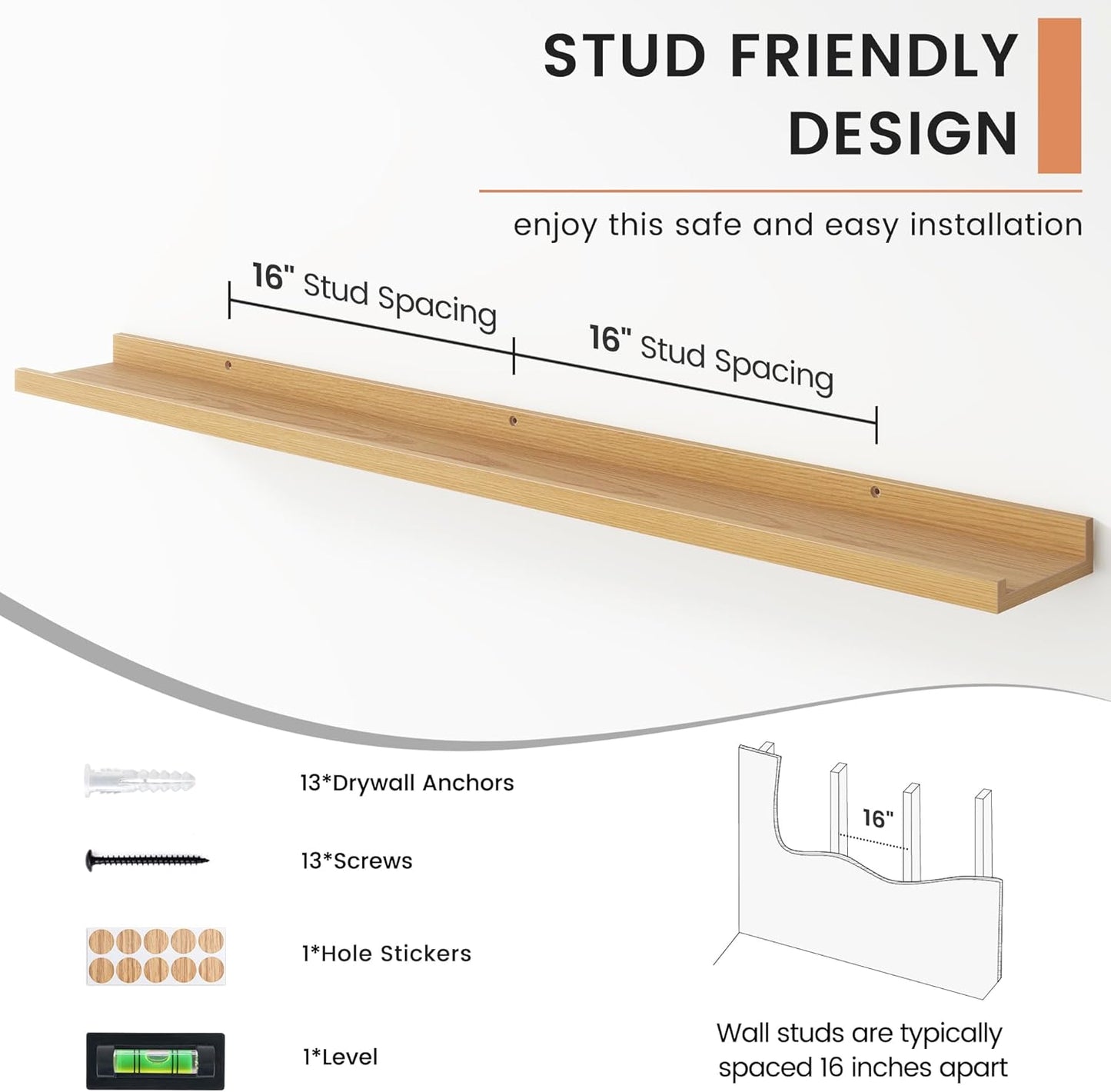 Floating Picture Ledge Shelves Set of 4, 48 Inch Shelves with Lip - Large Nursery Book Shelf for Toys Storage, Kids Bookshelf - Wall Mounted Living Room Bedroom Decor Frames