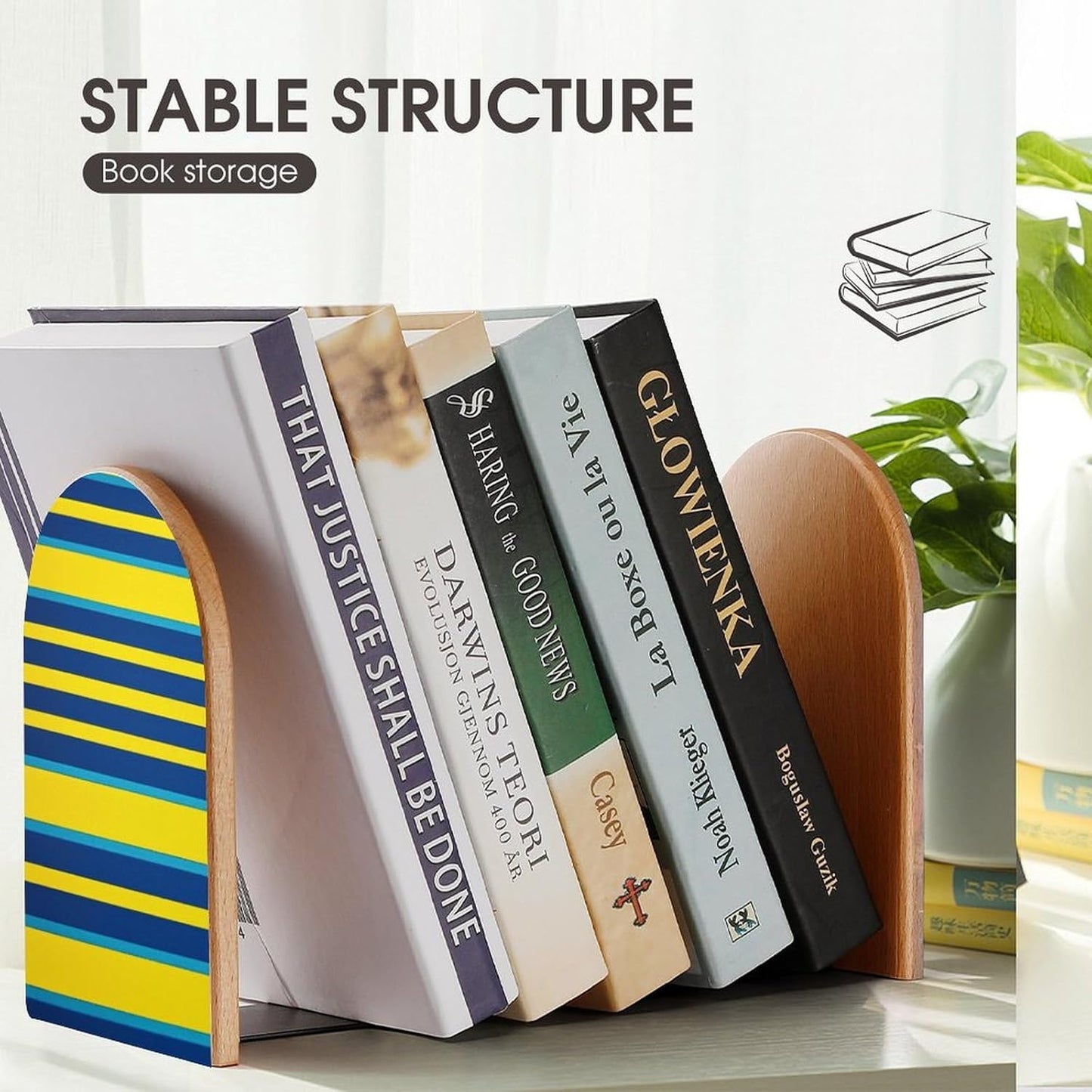 Yellow and Blue Stripes Bookend for Shelves Wooden Book End Large Size Sturdy Book Holders Stoppers with Metal Base for Bookshelves Slick Decorative Bookends Stands