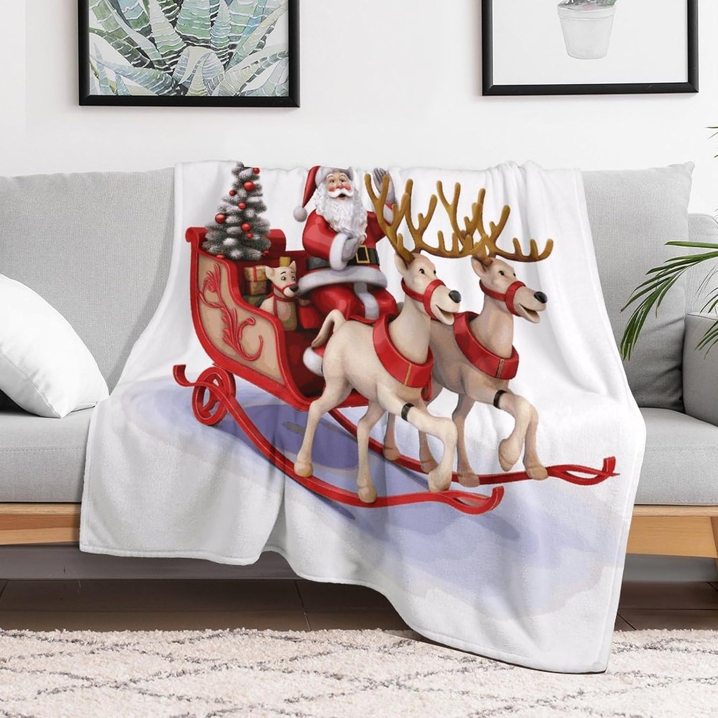 Santa Claus Reindeer Sled Blanket Super Soft Lightweight Throw Blanket Cute Cozy Warm Bed Blanket Decorative Fuzzy Blanket All-Season Home Decor Gift for Sofa Couch Living Room 60"*80"（150 * 200cm）
