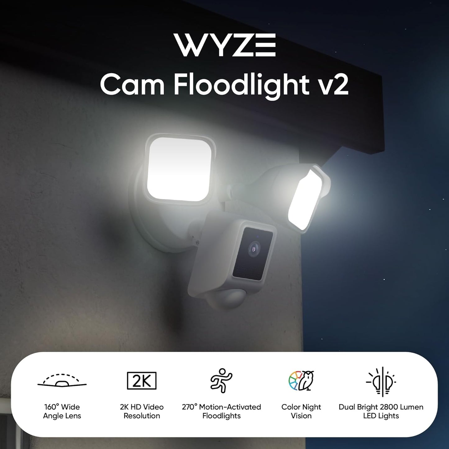 WYZE Floodlight Camera v2, Security Camera Outdoor, 2K HD with Color Night Vision, 2800-Lumen LEDs, 160° Wide View, 105dB Siren, Works with Alexa & Google Assistant, Wired, Free Expert Support