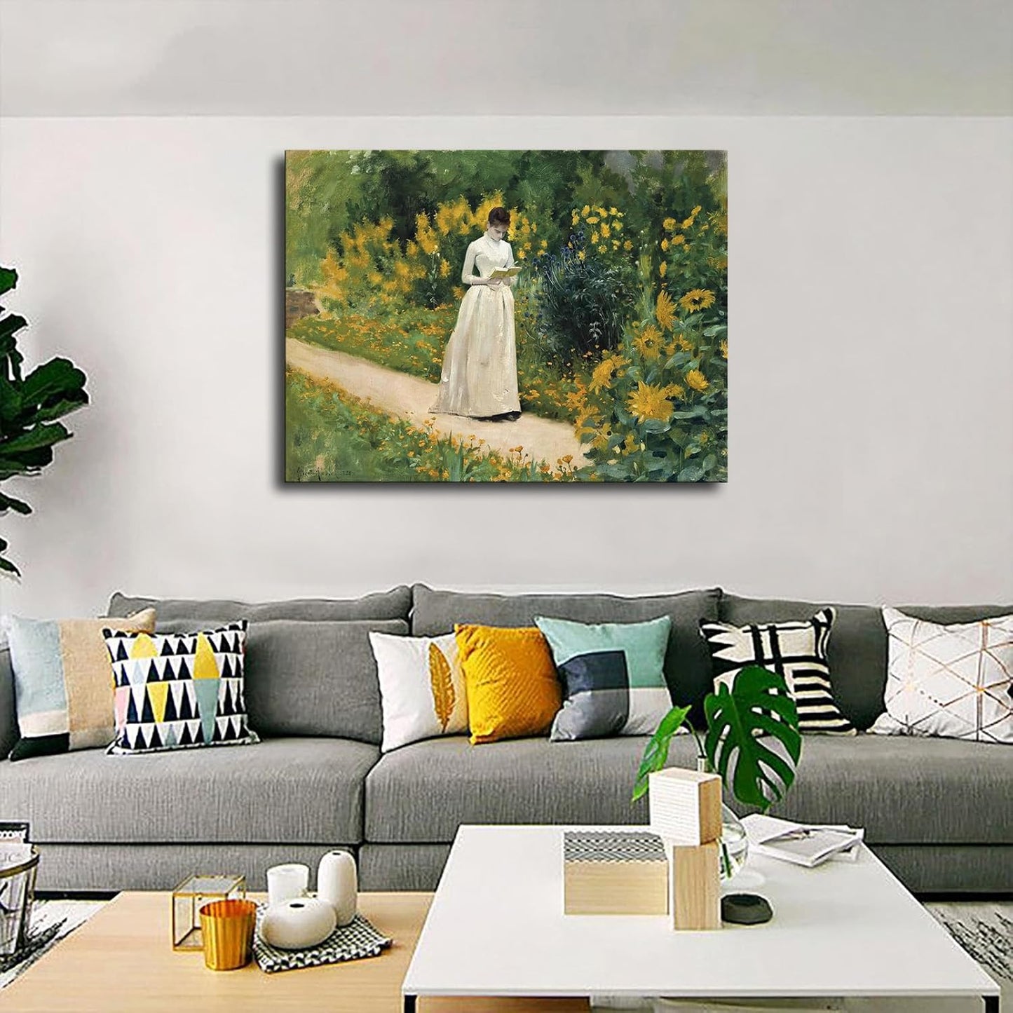 Albert Aublet painting artwork- Reading on the garden path Canvas HD printing poster creative room aesthetics be the perfect wall art decoration for home office gym bar (20x27inch-Unframed)