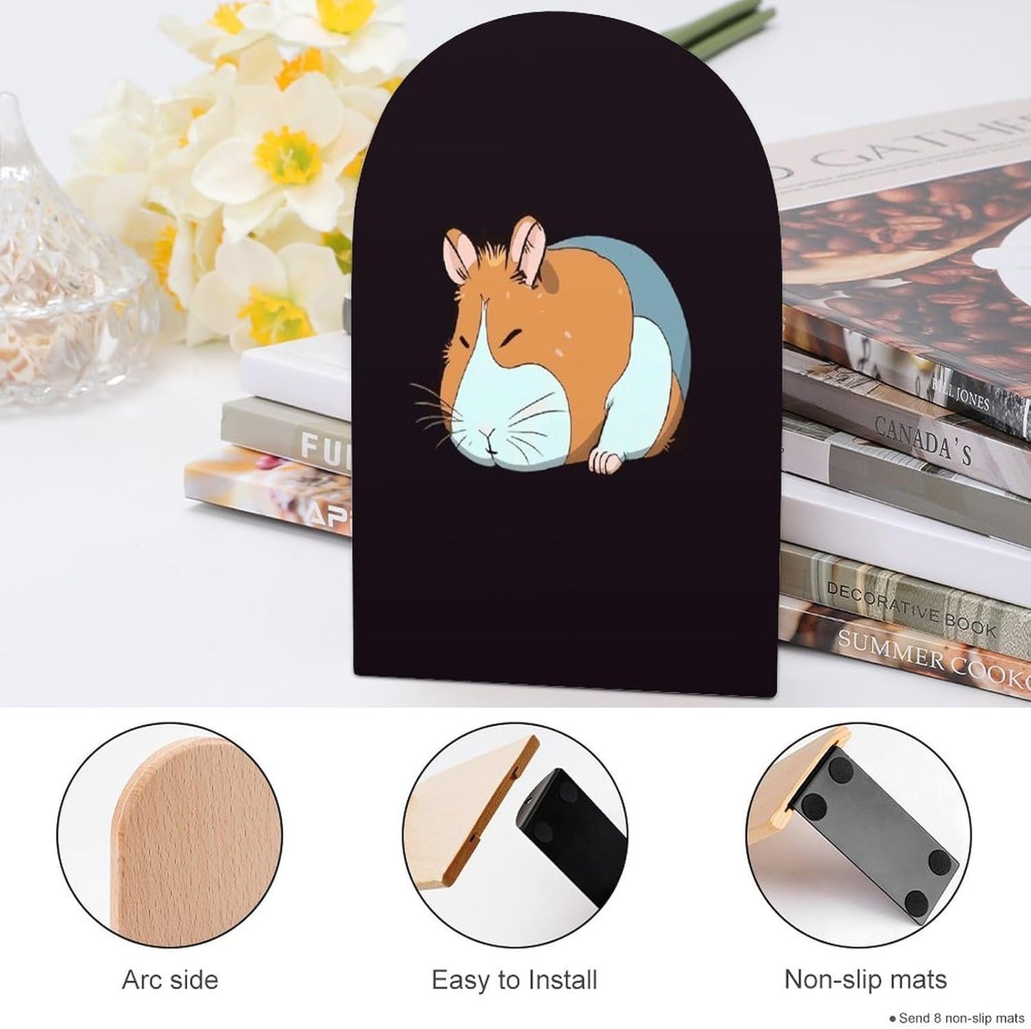 Smiling Wooden Bookend Non-Slip Book Ends Heavy Duty Book Stopper with Metal Base Books Holderd Decorative Bookends Stands Firmly for Office Supplies