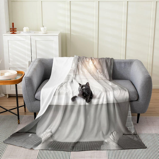 Feelyou Cat Flannel Fleece Throw Blanket Funny Animal 40"x50" Gray and White Fleece Throw Blanket for Kids Women Men Cute for Bed Couch Chair Living Room Kawaii Bedroom Decor