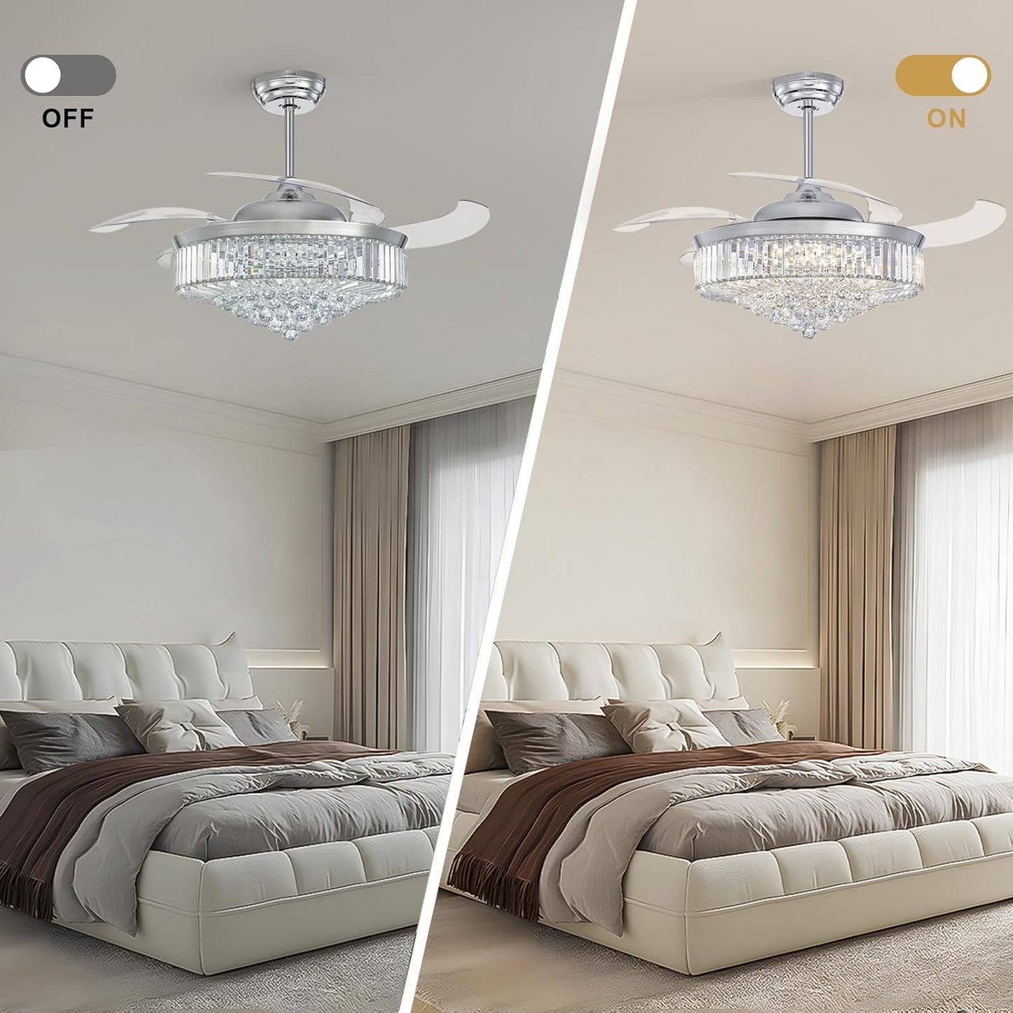 52 Inch Fandelier Ceiling Fan with Lights and Remote, Dimmable Crystal Chandelier Fan, LED Crystal Fan Light Kit for Dining Room Bedroom-Chrome