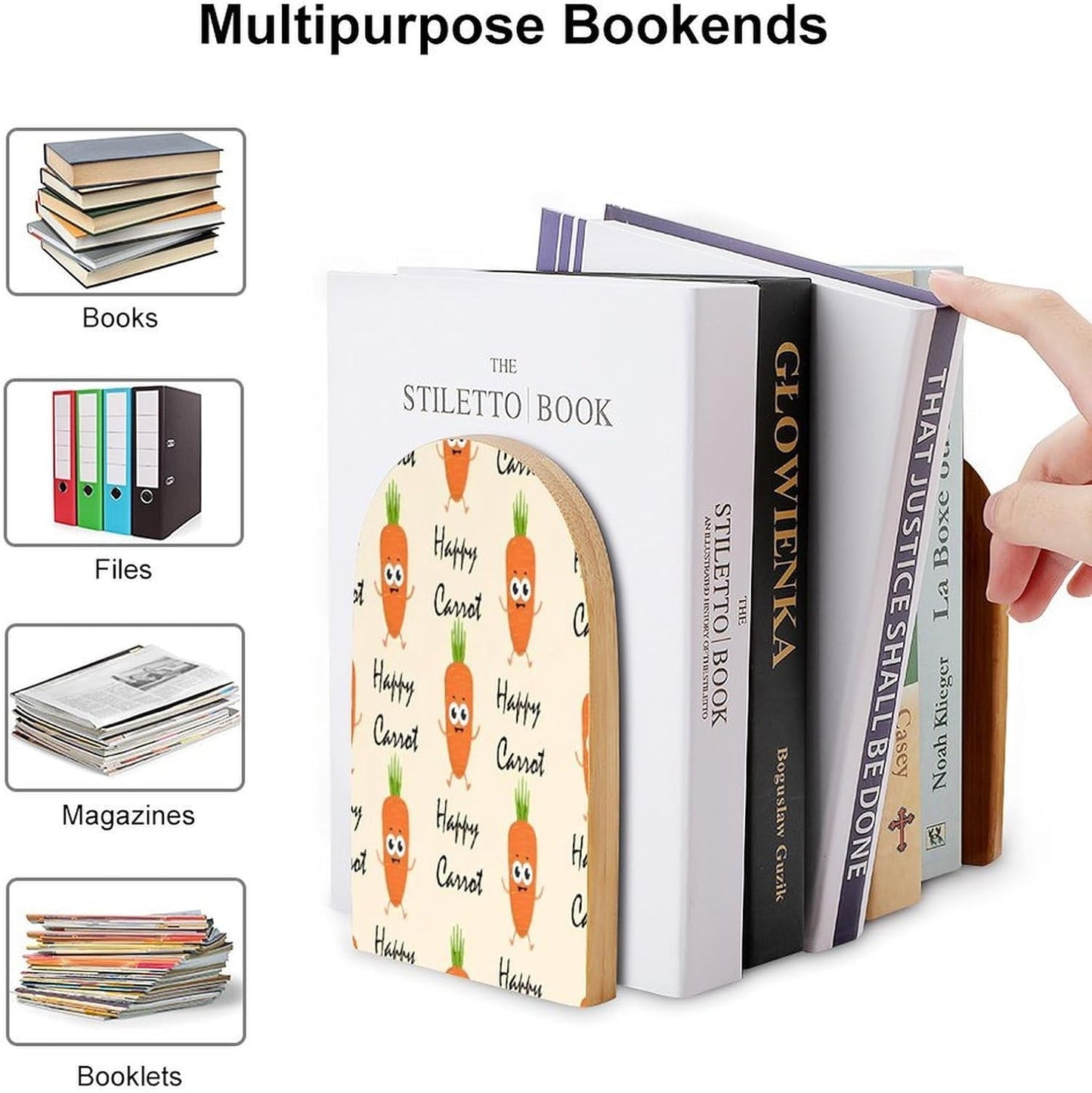 Happy Carrot Wooden Bookend Non-Slip Book Ends Heavy Duty Book Stopper with Metal Base Books Holderd Decorative Bookends Stands Firmly for Office Supplies
