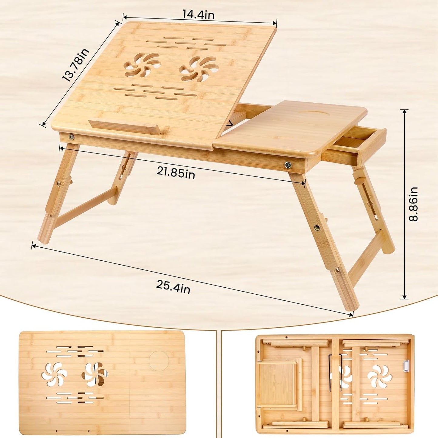 Bamboo Laptop Lap Desk with Vent, Folding Lap Tray Table with Adjustable Height, Tilting Top and Drawer, Portable for Bed Couch Working Reading Writing