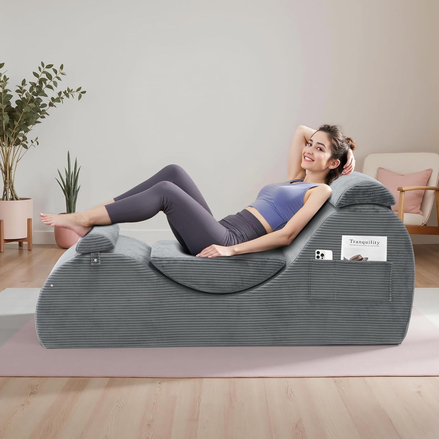 Yoga Chairs for Adults, Ergonomic Chaise Lounge Chair Indoor with Side Pocket, Lumbar Pillow, Ottoman, Yoga Chair Perfect for Stretching, Relaxation, Exercise, Used in Bedroom, Living Room（Dark Gray）