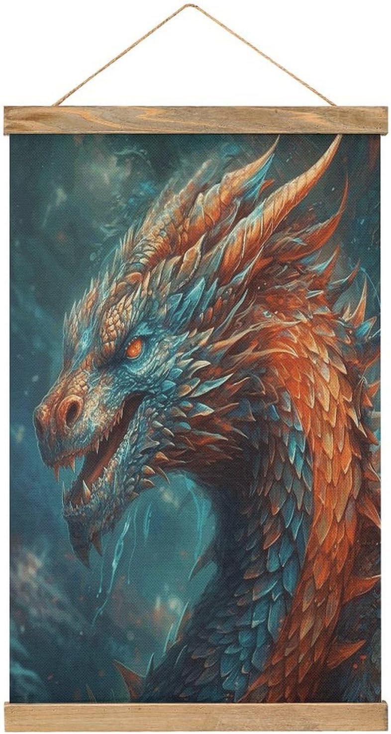 Vintage Dragon Art Poster with Wooden Frame Personalized Linen Hanging Scroll Painting Rustic Wall Hanging Illustrative Modern Artwork Decor for Home Living Room Bedroom Office