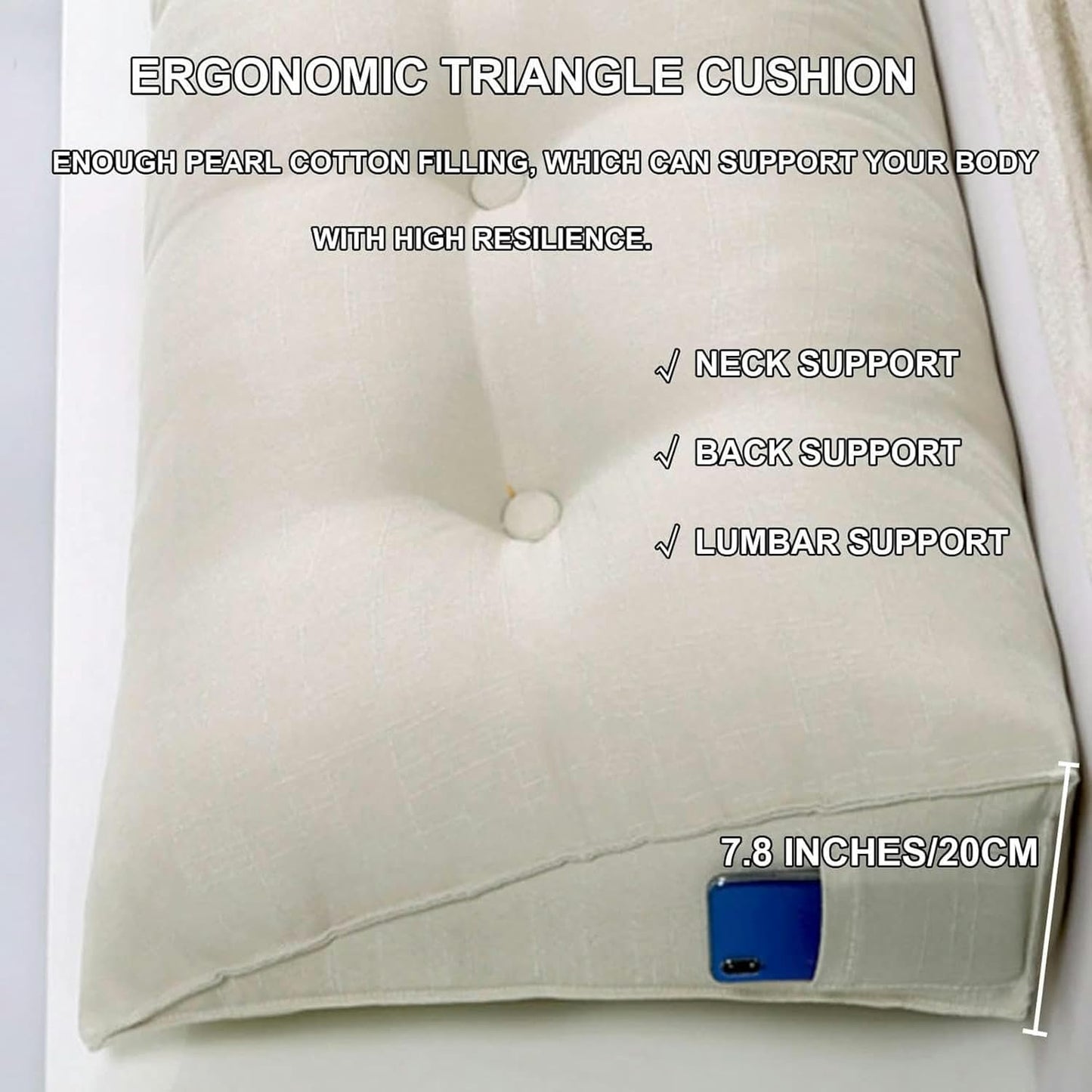 Linen Wedge Headboard Pillow,Large Bolster Triangular Headboard Reading Pillow,Solid Color Positioning Bed Rest Cushion Daybed Backrest with Removable Cover, White