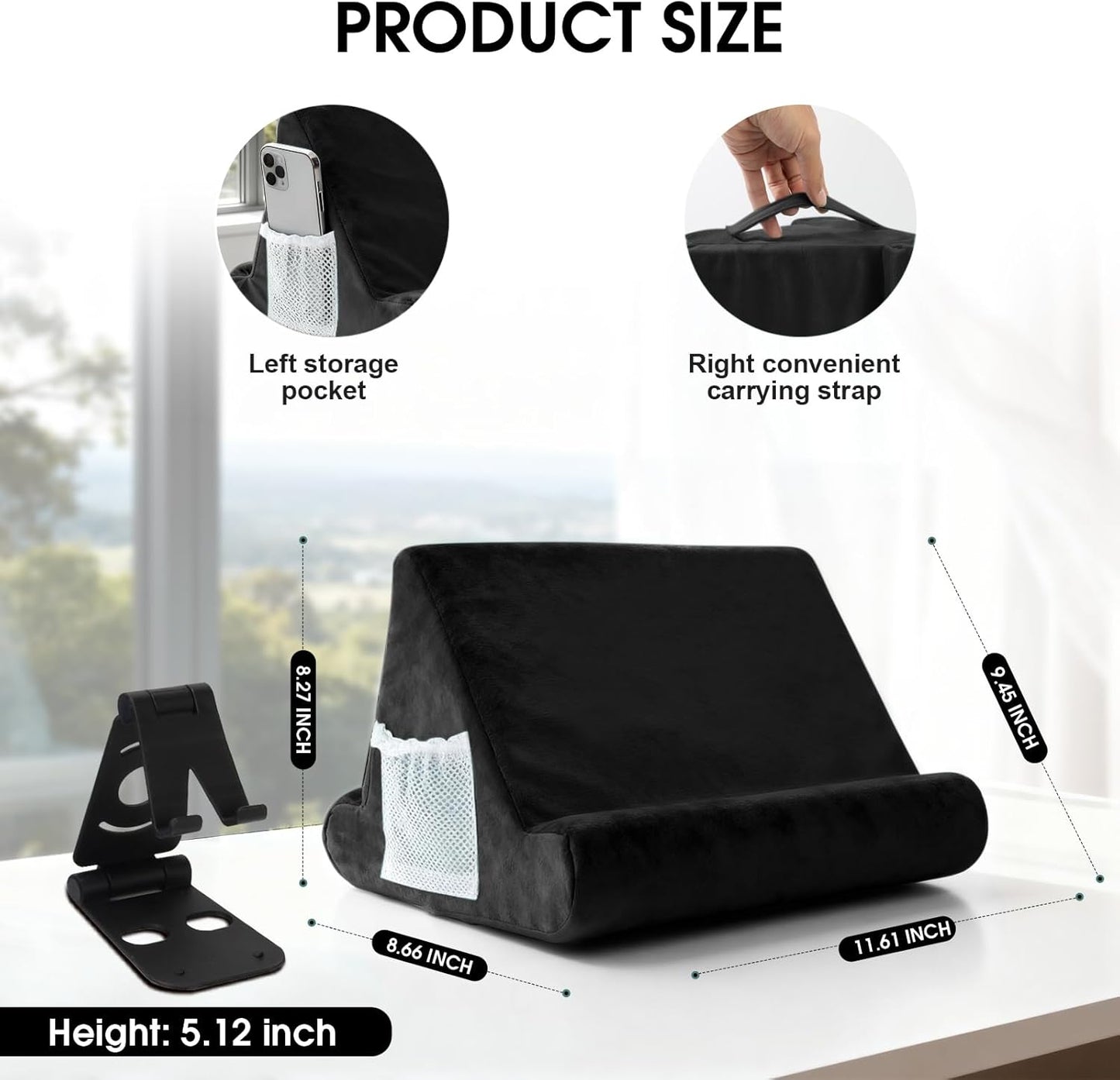 Universal Tablet Cushion Stand - Multi-Angle Lazy Holder with Net Pocket & Phone Stands Options for Lap, Knee, Sofa, Bed (Black)