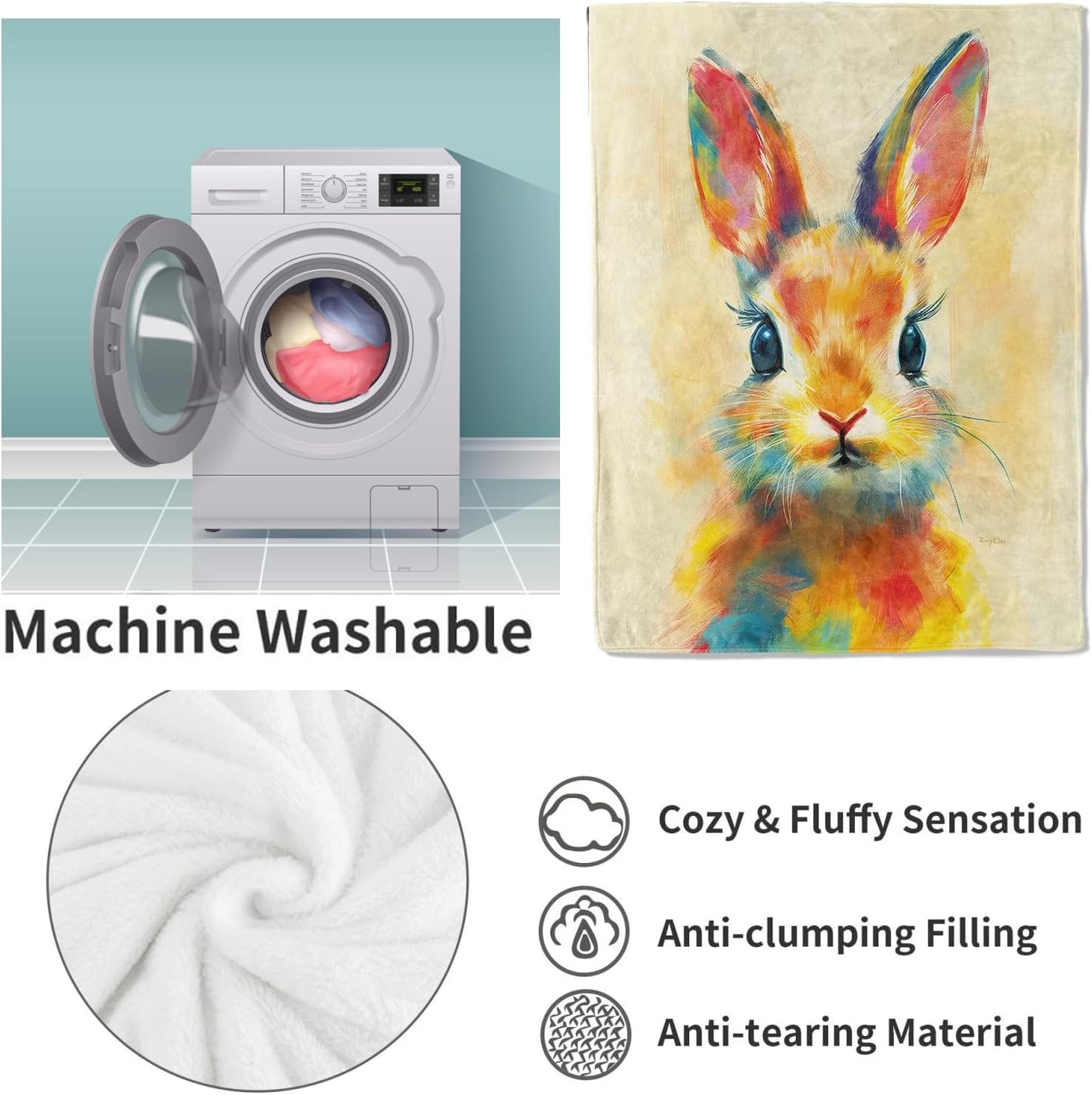 Cute Bunny Blanket, Colorful Rabbit Flannel Throw Blankets,Soft Warm Lightweight Cozy Plush Animal Throws for Bedroom Sofa Home Decor Gifts for Women Girls 50"x60"