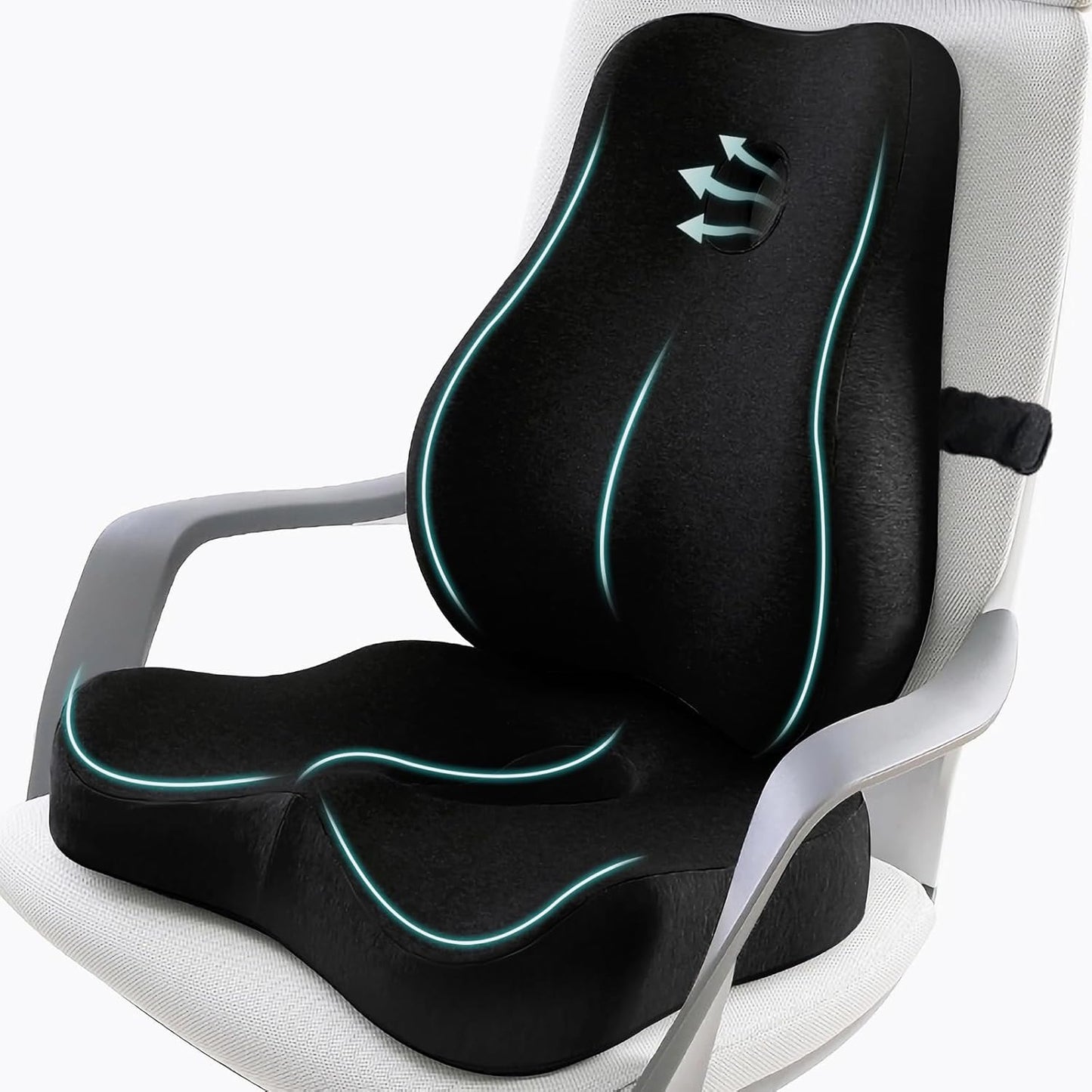 Seat Cushion & Lumbar Support Pillow Set for Office Chair, Ergonomic Pillow for Sciatica Pain Relief, Memory Foam Back Support Pillow & Chair Cushion for Car seat, Desk Chair (Black)