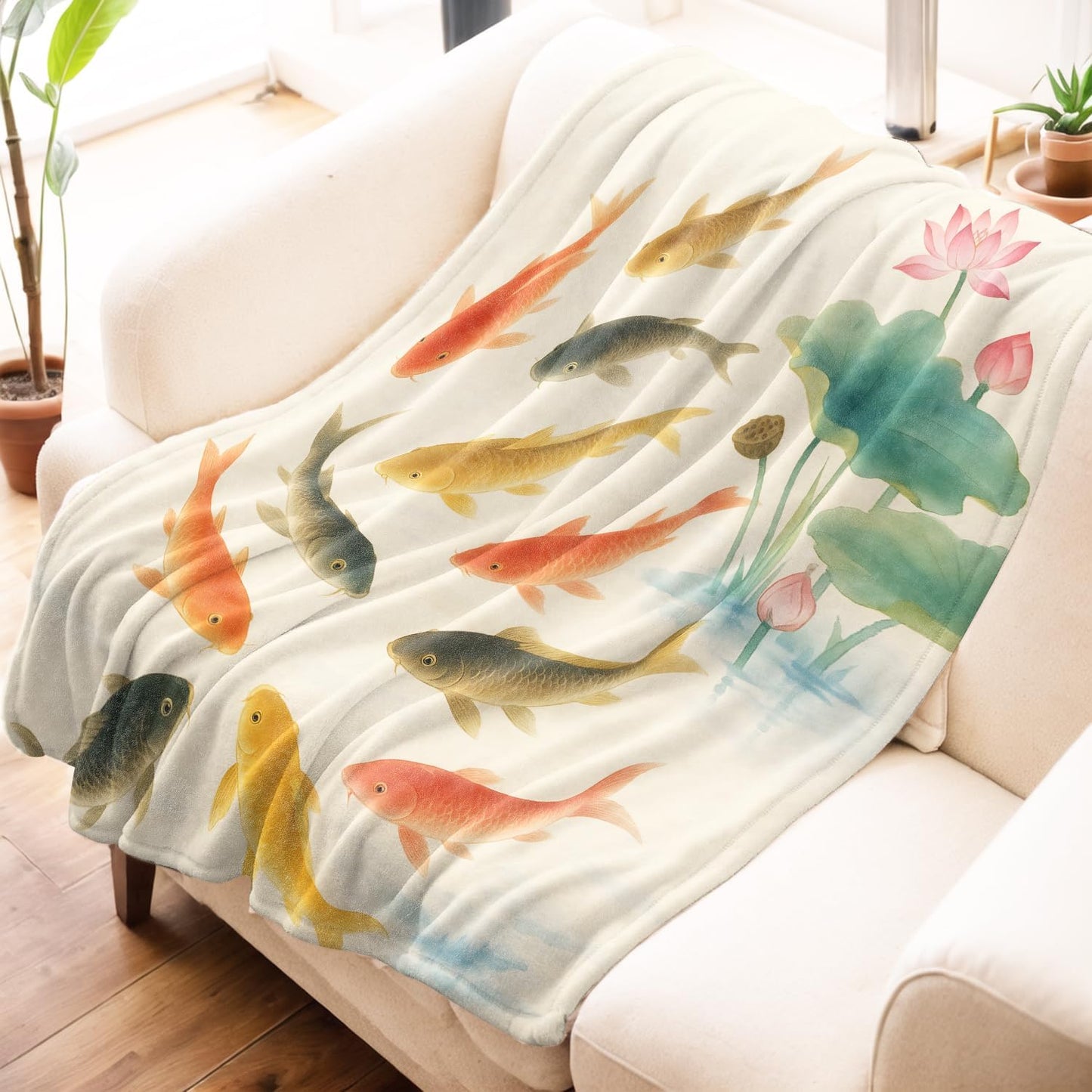 Koi Fish Blanket, Oriental Art Flannel Throw Blankets, 50"x60", Soft Warm Lightweight Fuzzy Cozy Throws for Couch Bed Sofa Living Room Travel Decorative Gifts for Nature Lover Women Men, Beige