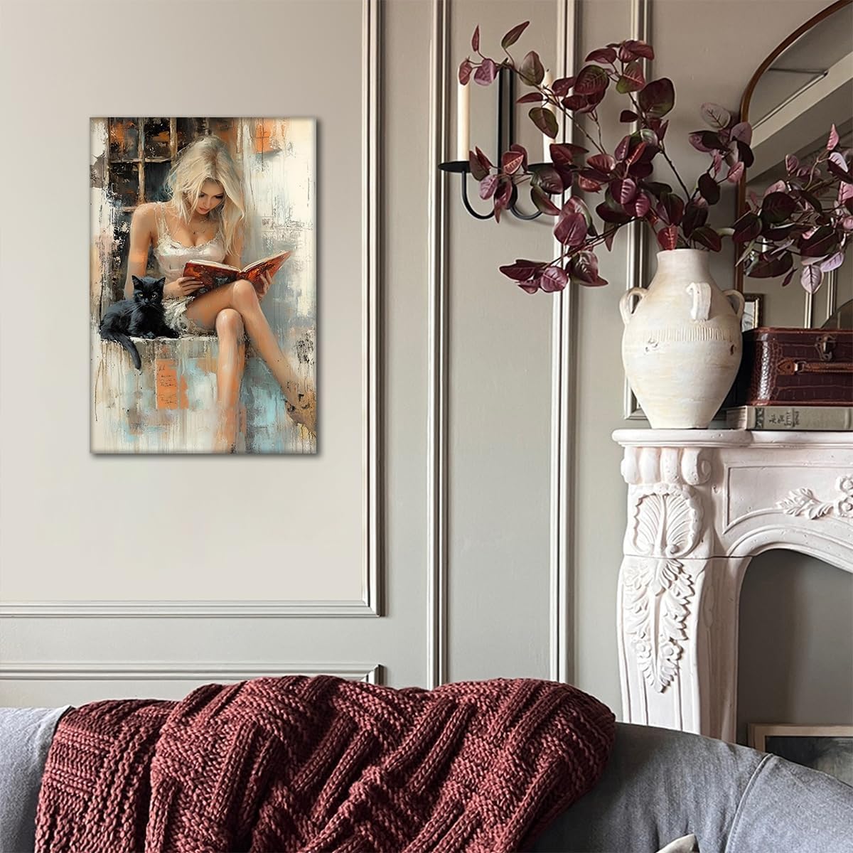 Woman Reading Book Canvas Wall Art Academia Aesthetic Painting Wall Decor Pictures Modern Girl Painting with Black Cat posters Prints for Home Living Room Bedroom Office Decor Ready-to-Hang(16inx12In)