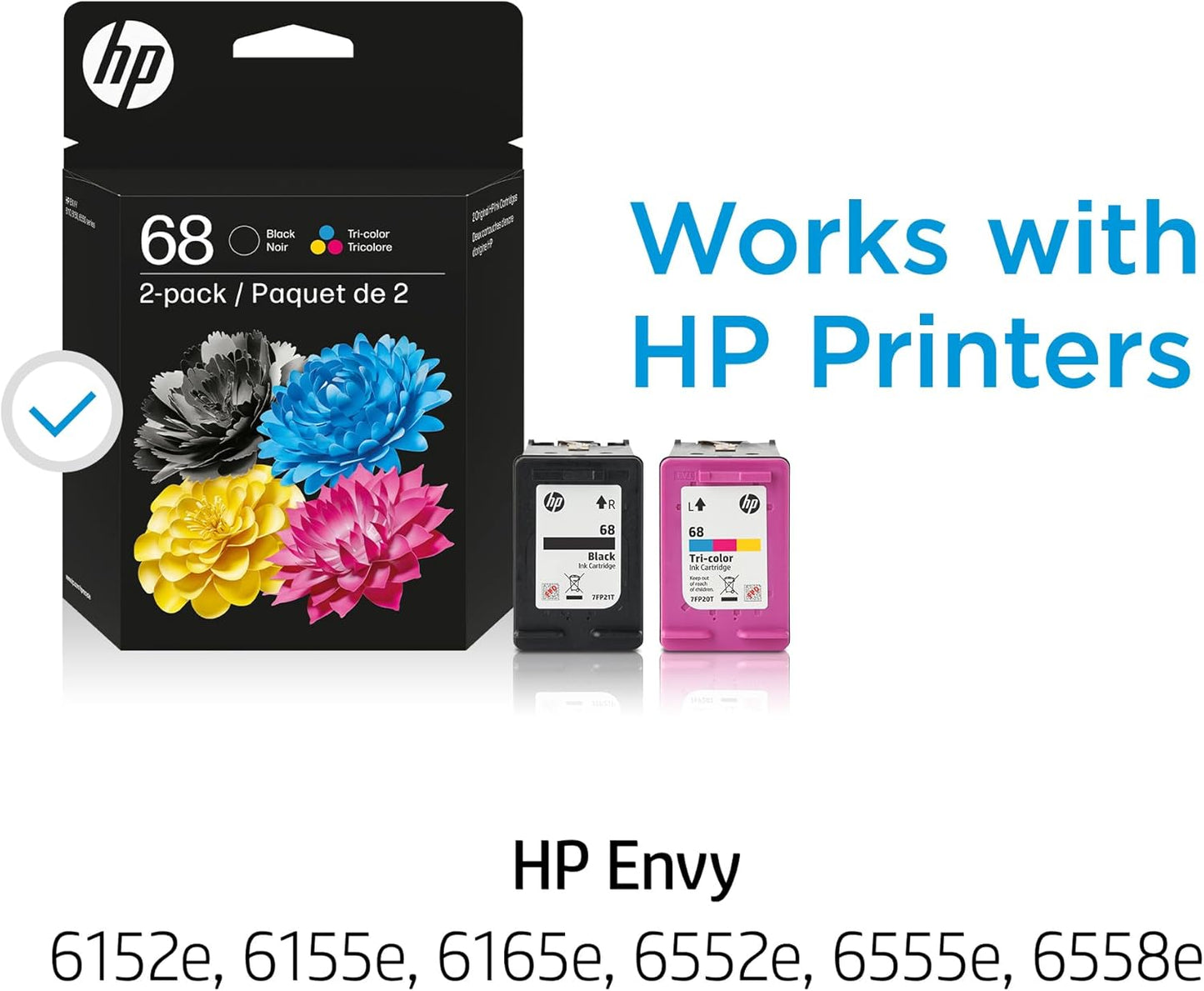 HP 68 Black/Tri-Color Ink Cartridges (2-Pack) | Works Envy 6100e, 6500e Series | Eligible for Instant Ink | 6L6S2TN | Packaging May Vary