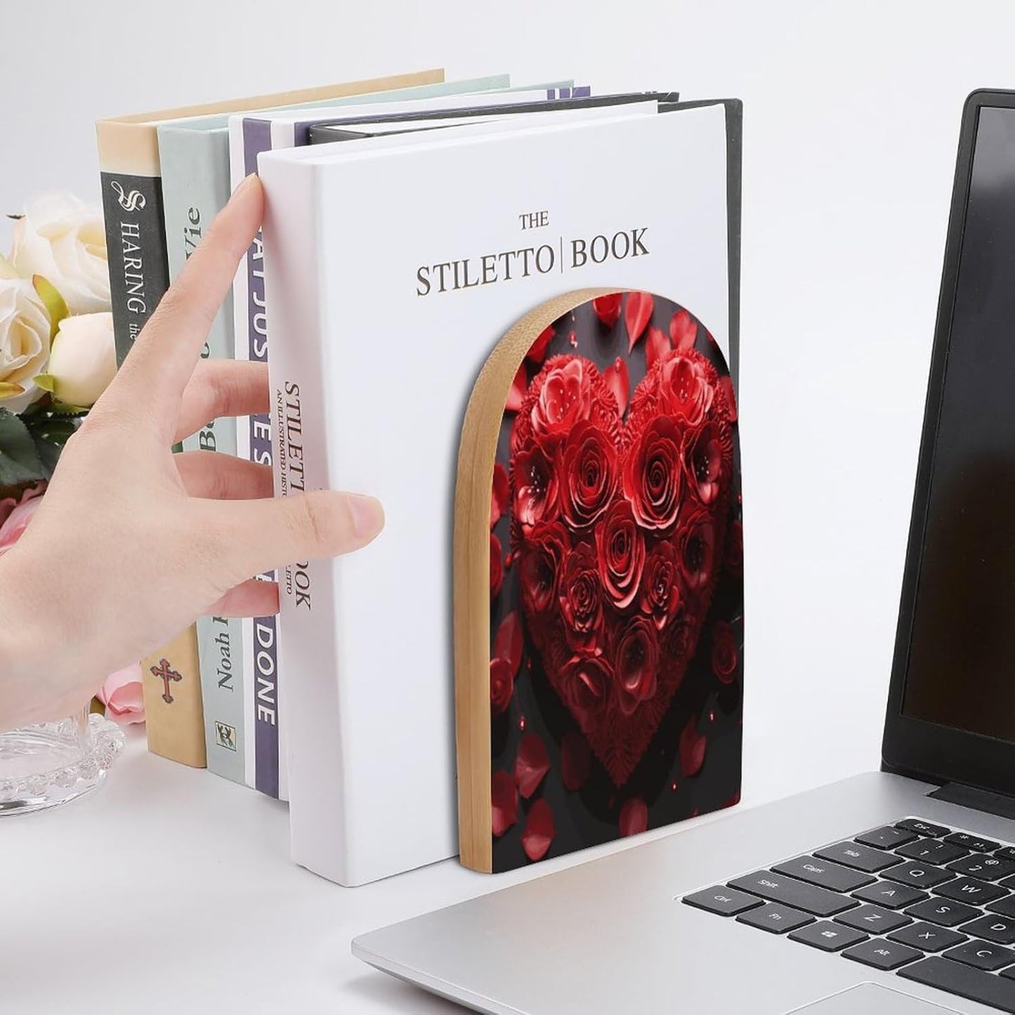 Red Rose Love Heart Bookend for Shelves Wooden Book End Large Size Sturdy Book Holders Stoppers with Metal Base for Bookshelves Slick Decorative Bookends Stands