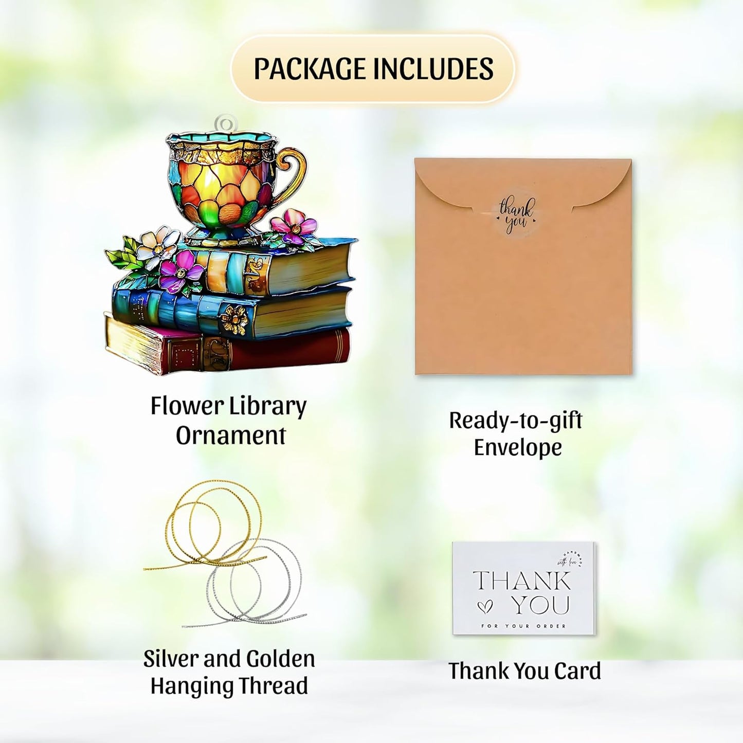 Book Lovers Gifts for Women -Tea Books Ornament, Floral Book Ornament, Gift for Readers Friends Coworker, Hanging Literary Decor, Reader, Bookworm, Book Ornament Faux Stained Glass Window Hanging.