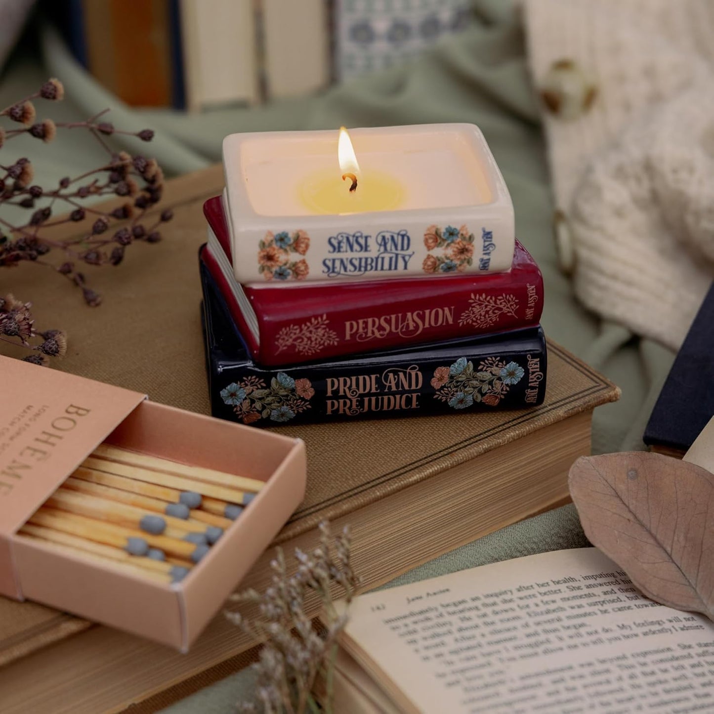 Steel Mill & Co Novelty Shaped Book Theme Scented Candle, Library Stack 6.5 oz Wax Candle with Notes of Earl Gray Tea and Honey, Unique Gift for Mother's Day (Jane Austen)
