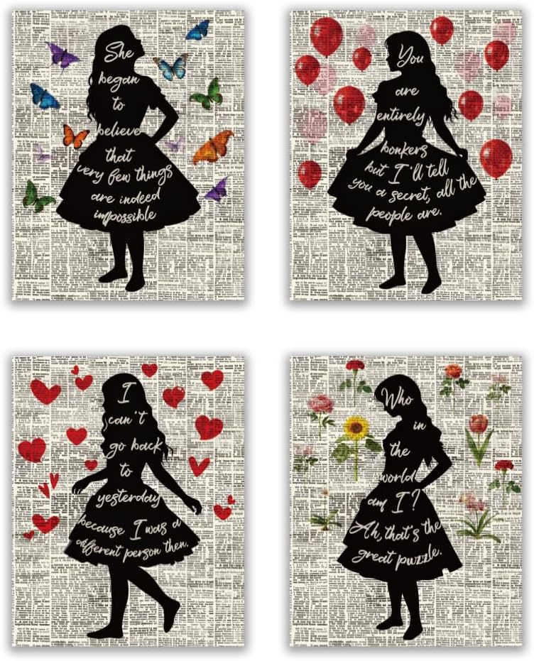 CRAFTYMELODY 4Pcs Alice Wonderland Quote Wall Art Prints Dictionary Wall Decor Poster Artworks Butterfly Flower for Apartment Dorm Decor Living Room Bedroom Home Decoration 11x13.8 Inch Unframed