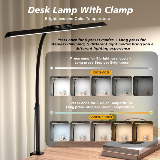 LED Desk Lamp for Office Home, Stepless Dimming Architect Desk Light with DC Adapter, Eye-Caring Desk Lamp with Clamp, 25 Lighting Modes Adjustable 12.8in Flexible Gooseneck for Workbench, Drafting