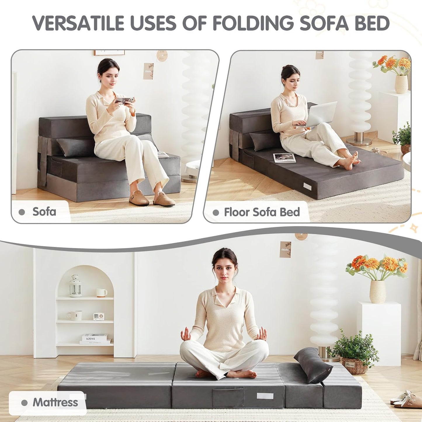 Tiita Folding Sofa Bed Couch, Single Size Foldable Futon Chair with Pillow, Folding Sleeper Sofa Chair Bed Floor Mattress for Guest Room, Living Room, Beige