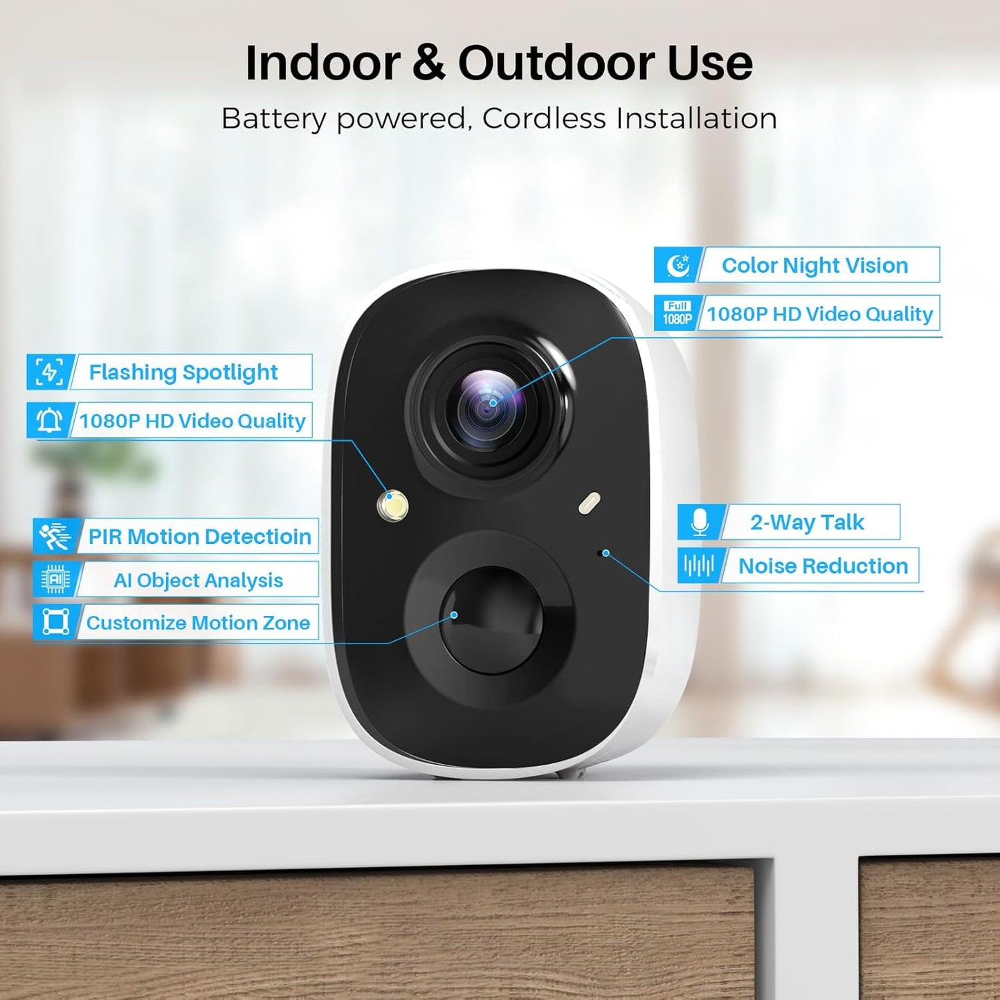Security Cameras Wireless Outdoor Indoor, 2K Battery Powered WiFi Camera for Home Security, AI Motion Detection, Color Night Vision, IP66 Weatherproof, 2-Way Talk, Siren Alarm, SD/Cloud Storage