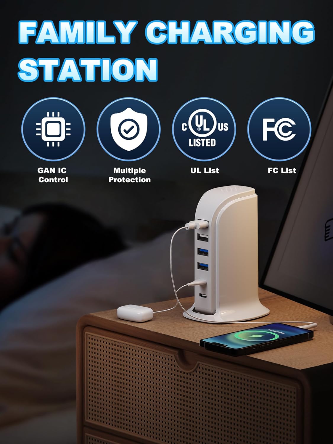 USB Charger, Charging Station for Multiple Devices 45W, Fast Charging Blocks with Dual Type C Ports, 4 USB Charging Hub Organizer Multiport for iPhone, Ipad, Smartphones, Travel Accessories