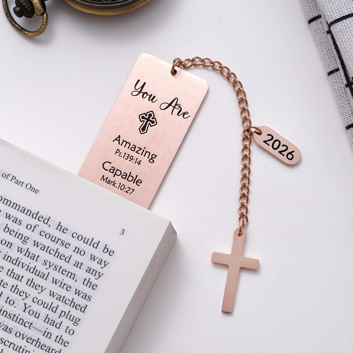 Christian Metal Bookmark with Bible Verses, Faith-Based Gift with 2026 Charm, Faith Affirmation Gift, Motivational Religious Scripture Reading Accessory for Women Men, Rose Gold