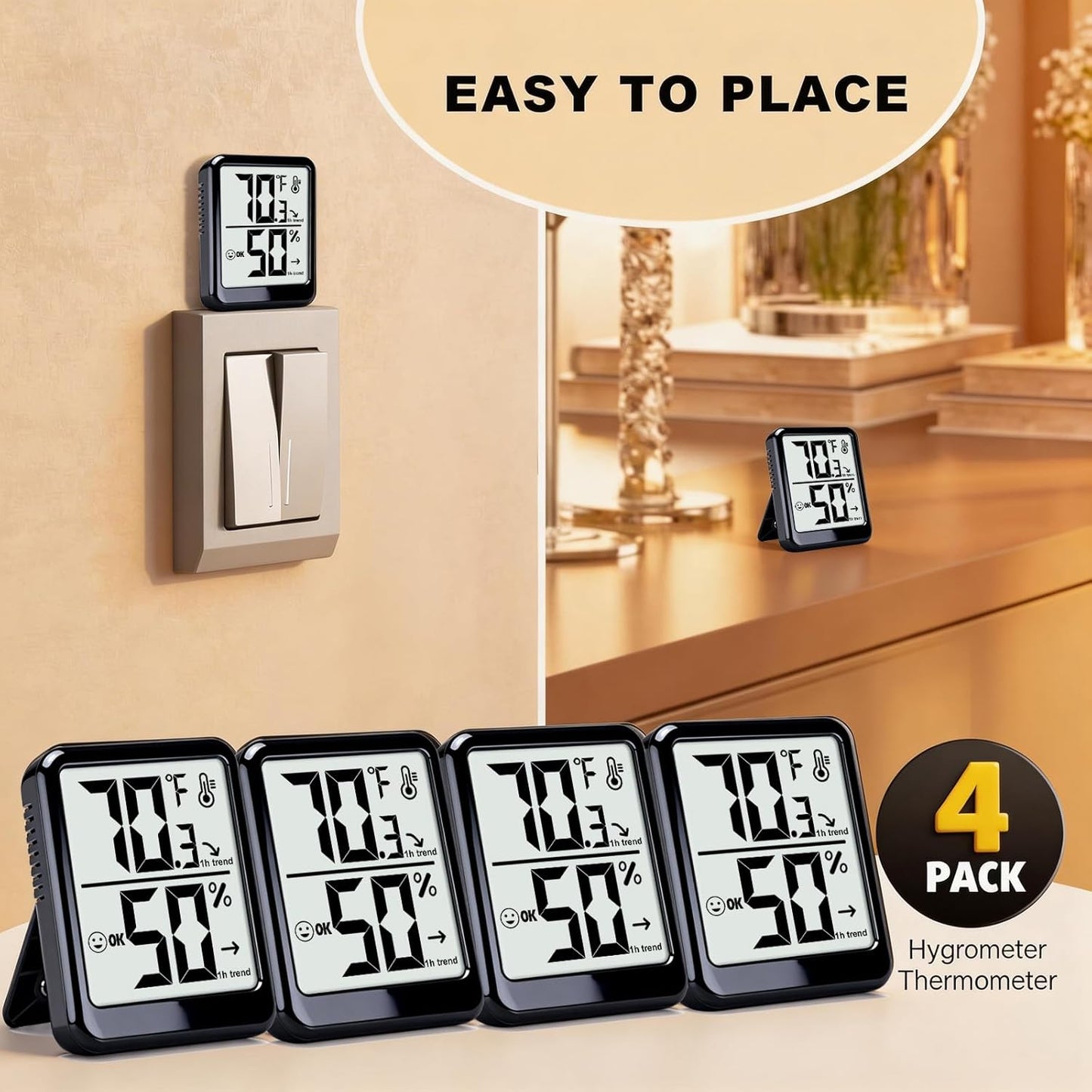 4-Pack Room Thermometer Indoor Hygrometer, Small Digital Temperature and Humidity Monitor Sensor, Temperature Humidity Gauge Meter for Home Baby Room, Plants, Pets - AAA Battery Included