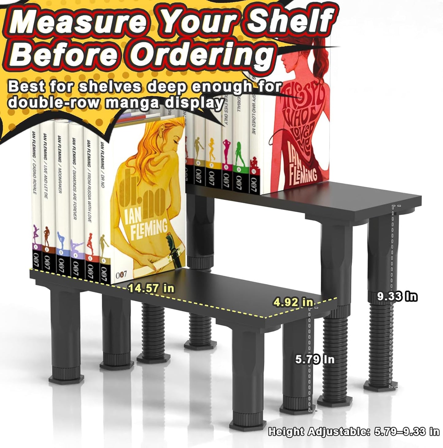 Manga Shelf Risers, 2 Pack Book Riser for Bookshelves, Black Wooden Height Adjustable Comic Books Shelves for Double Rows Display Stand for Books, Collectibles, Anime Figurines, Blind Boxes, CDs