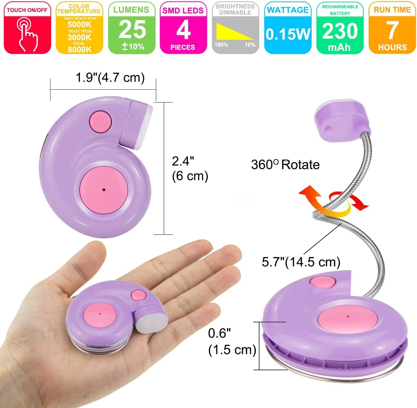 Book Light, LED Reading Light, Reading Lights for Books in Bed, USB Rechargeable Book Reading Light, 3 Brightness Dimmable Book Light for Kids Bookworms Travel-Violet