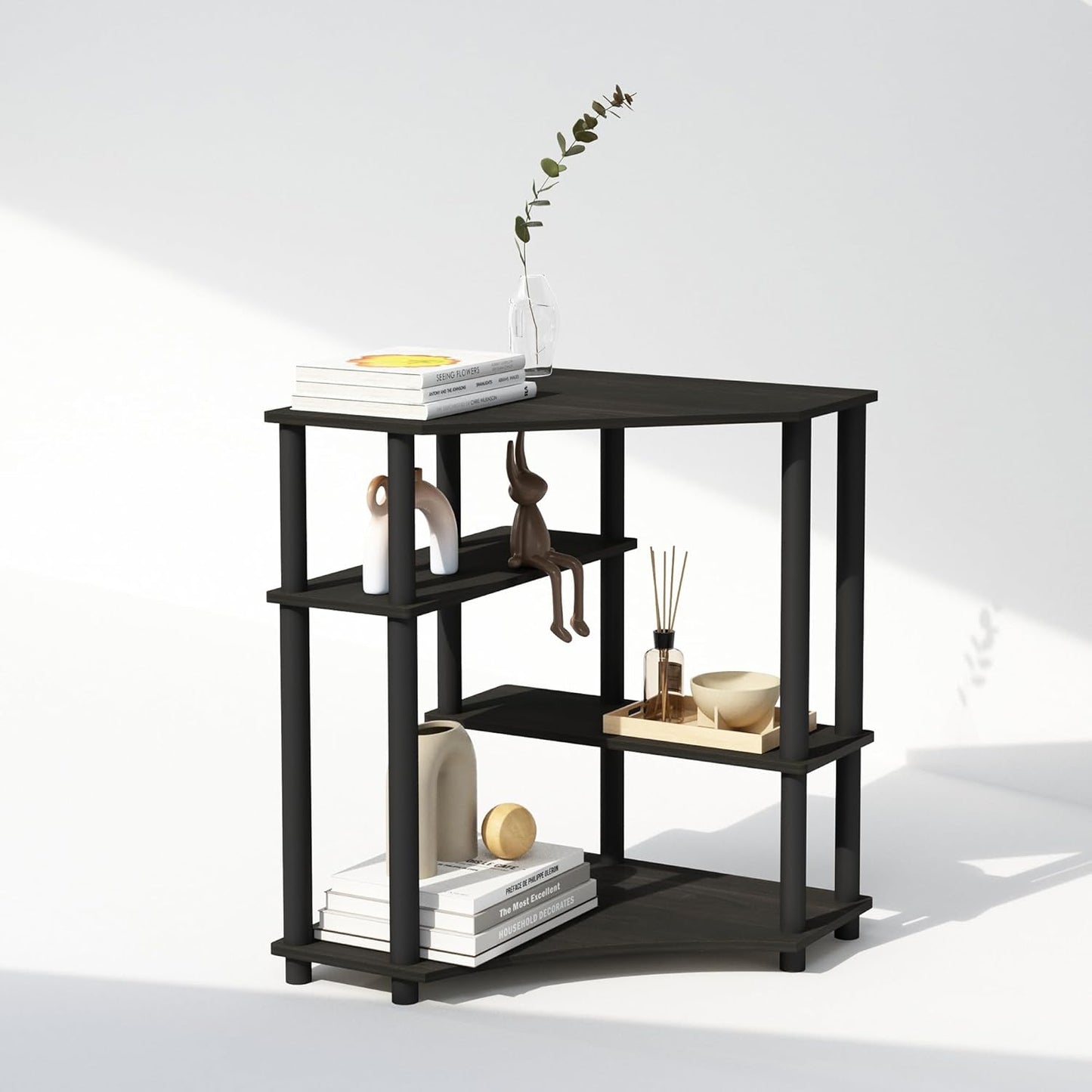 Furinno Turn-N-Tube Storage Shelves, 4-Tier Corner Shelf, Toolless Assembly Display Rack, Corner Bookshelf for Small Space, for Organization and Storage, Living Room, Home Office, Espresso