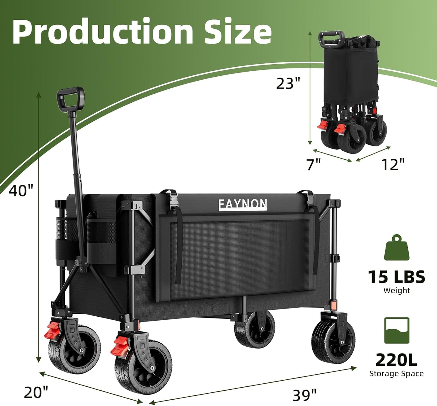 38" L Heavy Duty Collapsible Wagon, 440lbs Load & 220L Capacity Folding Utility Cart with Side Storage Pockets, 15lbs Lightweight Rolling Hauler for Sports, Grocery, Beach Black