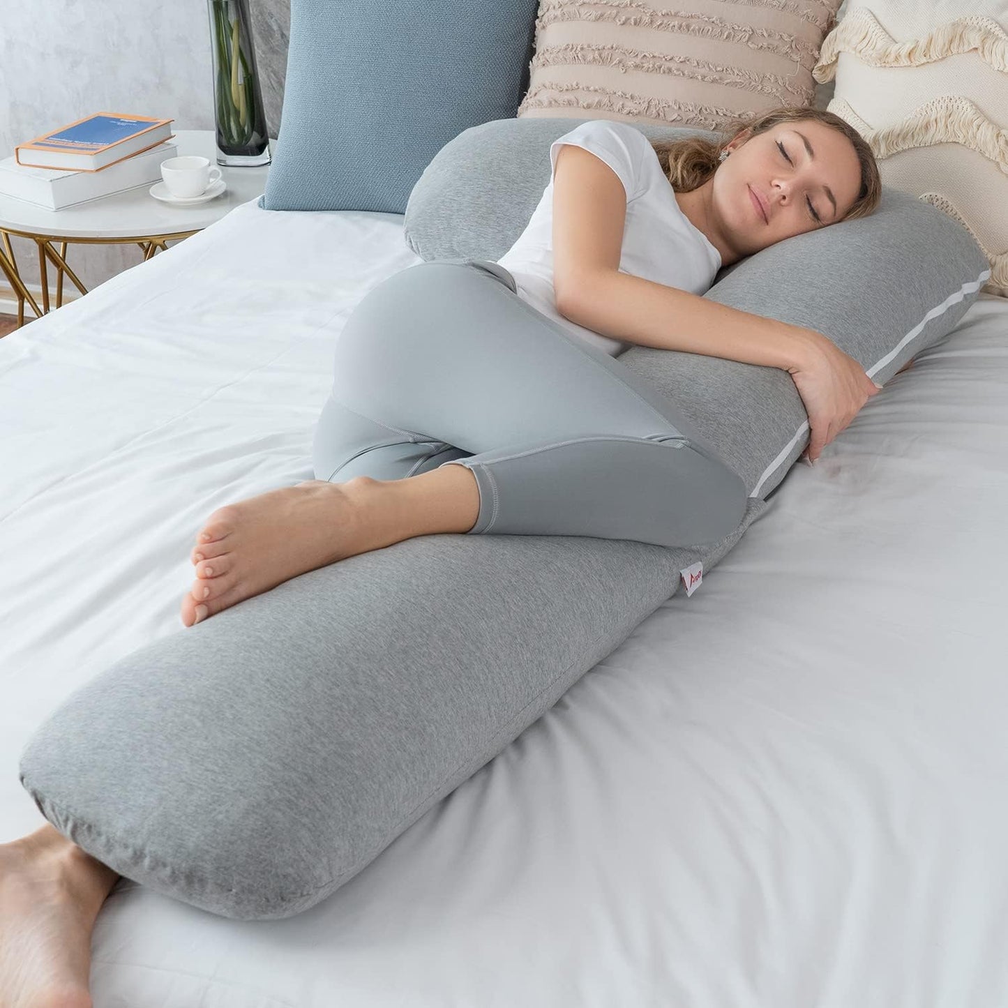 AngQi Body Pregnancy Pillow with Jersey Cover, L Shaped Full Body Pillow for Pregnant Women and Side Sleeping, Gray