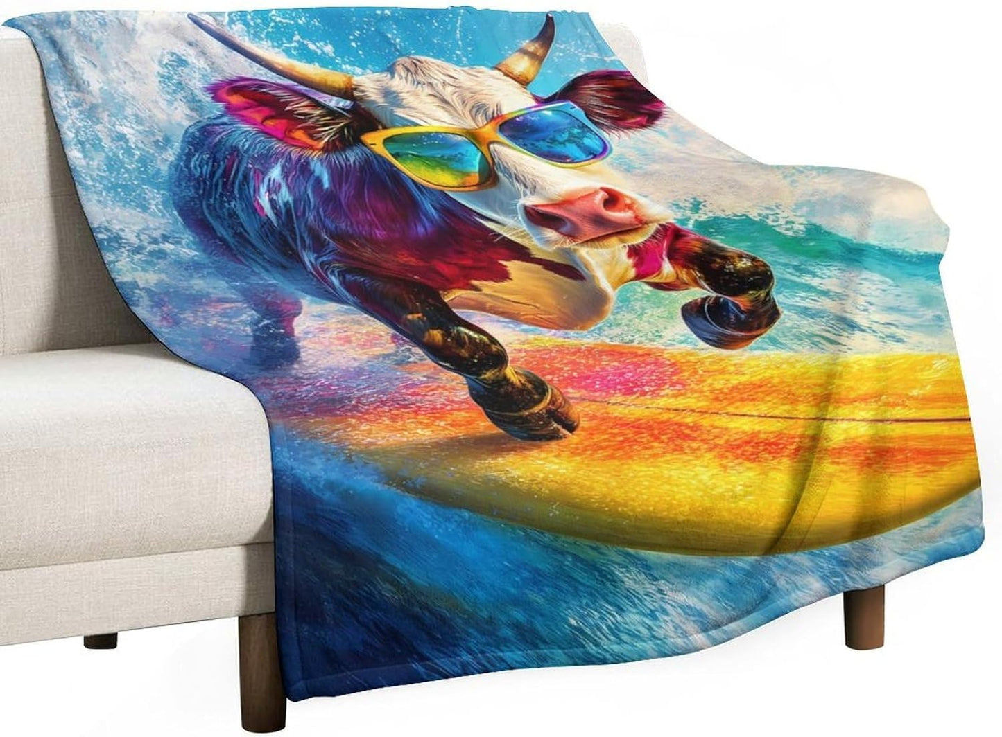 Funny Cow Ocean Surfing Throw Blanket for Couch Bed Plush Cozy Fuzzy Flannel Blanket for All Season 40"x50"