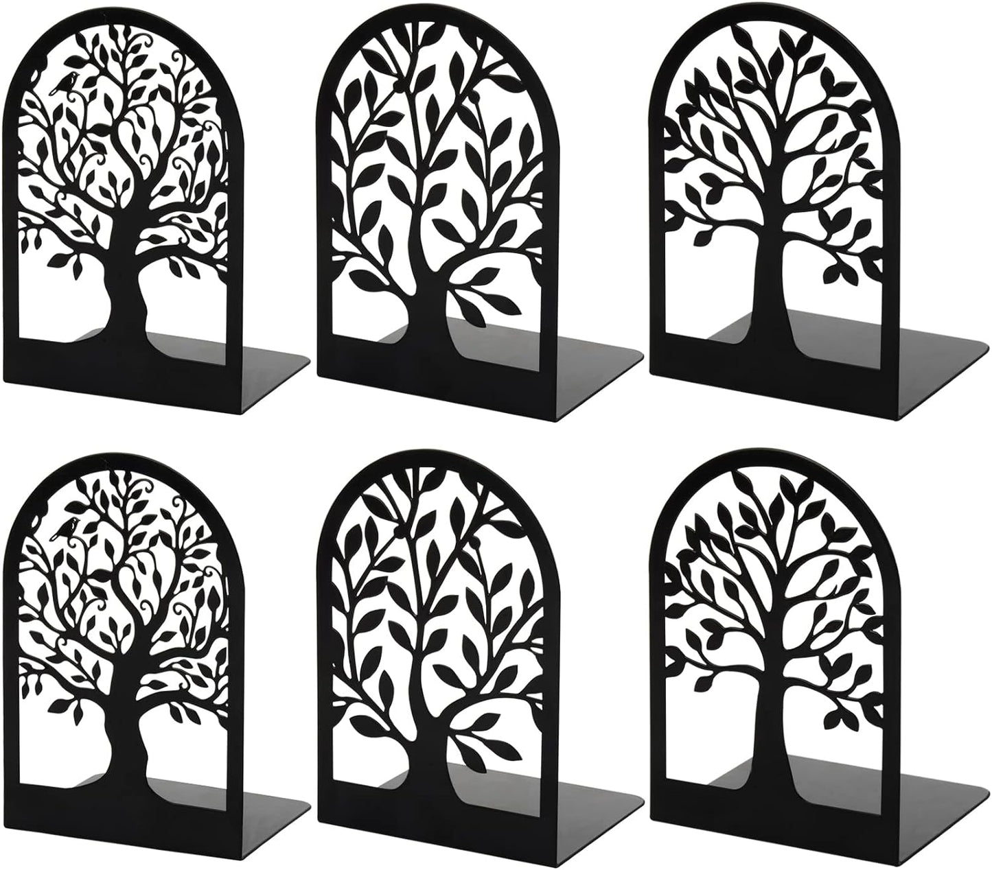 HappyHapi Book Ends, Metal Bookends for Shelves Decorative, Tree Stopper for Heavy Books, Black Ends to Hold Books for Home Office, 6.5 X 4.7 X 3.5 Inch(3 Pairs/6 Pcs, Large)