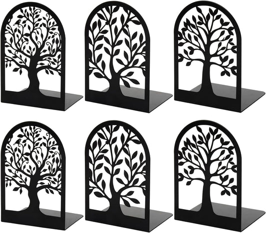 HappyHapi Book Ends, Metal Bookends for Shelves Decorative, Tree Stopper for Heavy Books, Black Ends to Hold Books for Home Office, 6.5 X 4.7 X 3.5 Inch(3 Pairs/6 Pcs, Large)