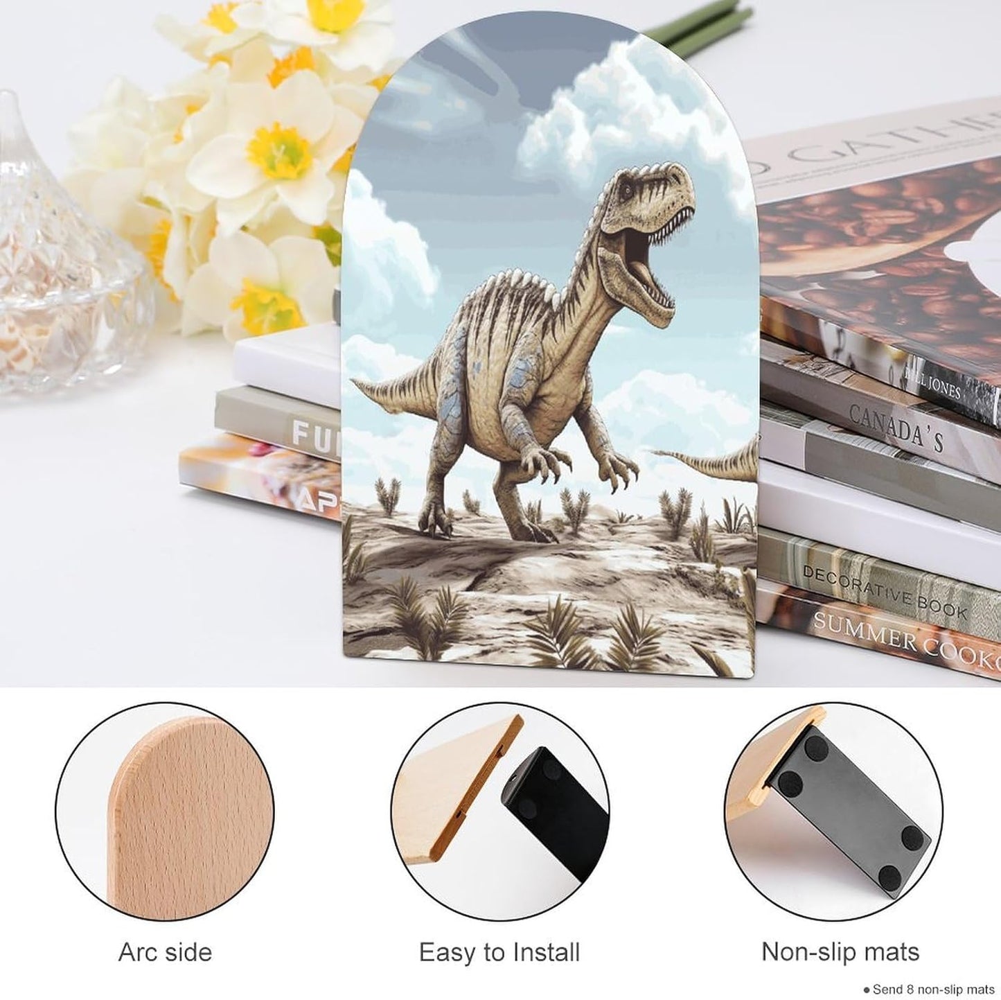 Dinosaur Walking Dinosaur Walking Bookend for Shelves Wooden Book End Large Size Sturdy Book Holders Stoppers with Metal Base for Bookshelves Slick Decorative Bookends Stands
