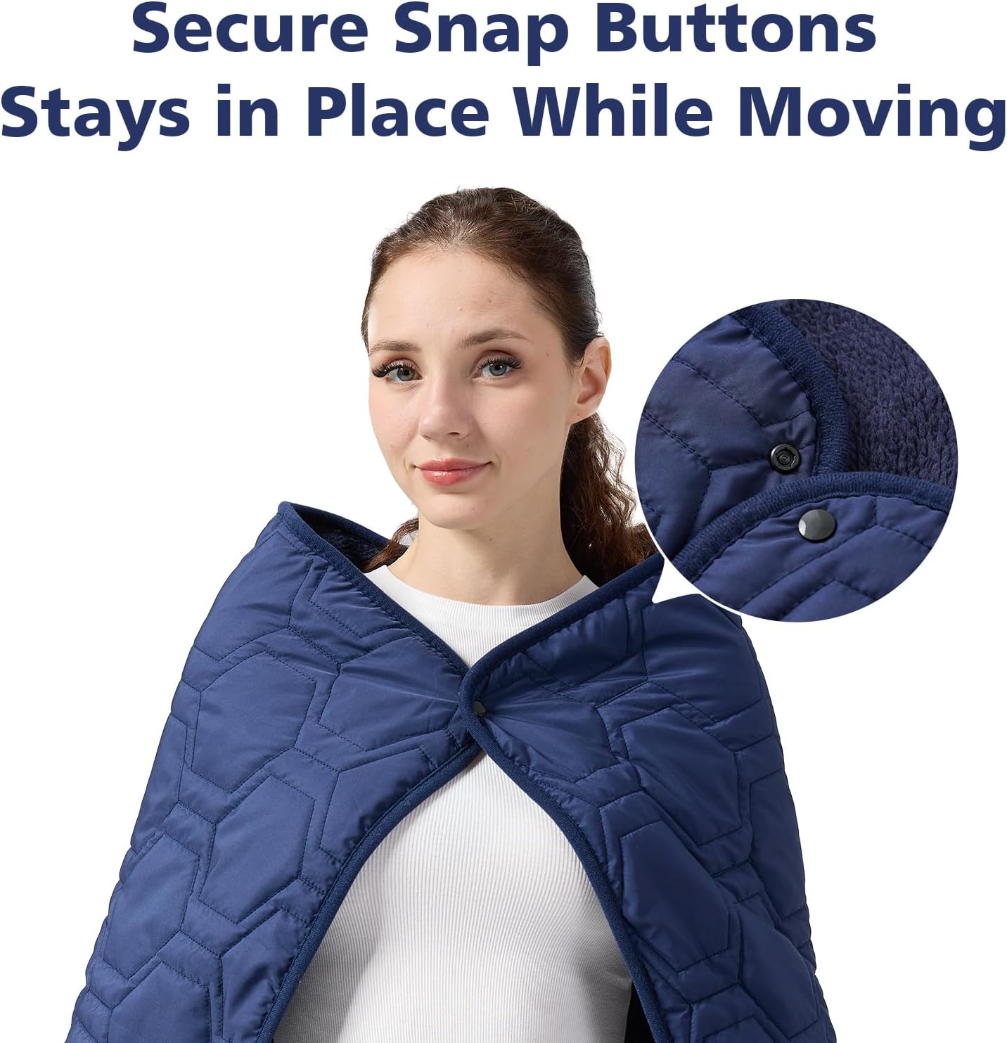 Quilted Fleece Wearable Blanket, Soft Warm Plush Throw for Office & Couch, Dual-Fabric Shawl with Snaps Navy Blue