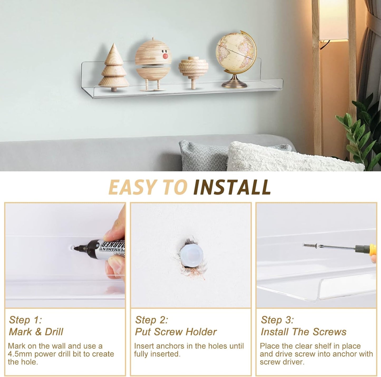 Acrylic Floating Shelves for Wall 6 Pack, 15" Acrylic Shelves for Room Decor, Book Shelf for Kids, Clear Hanging Display Shelf Organizer for Kitchen, Bedroom, Bathroon Organizers and Storage