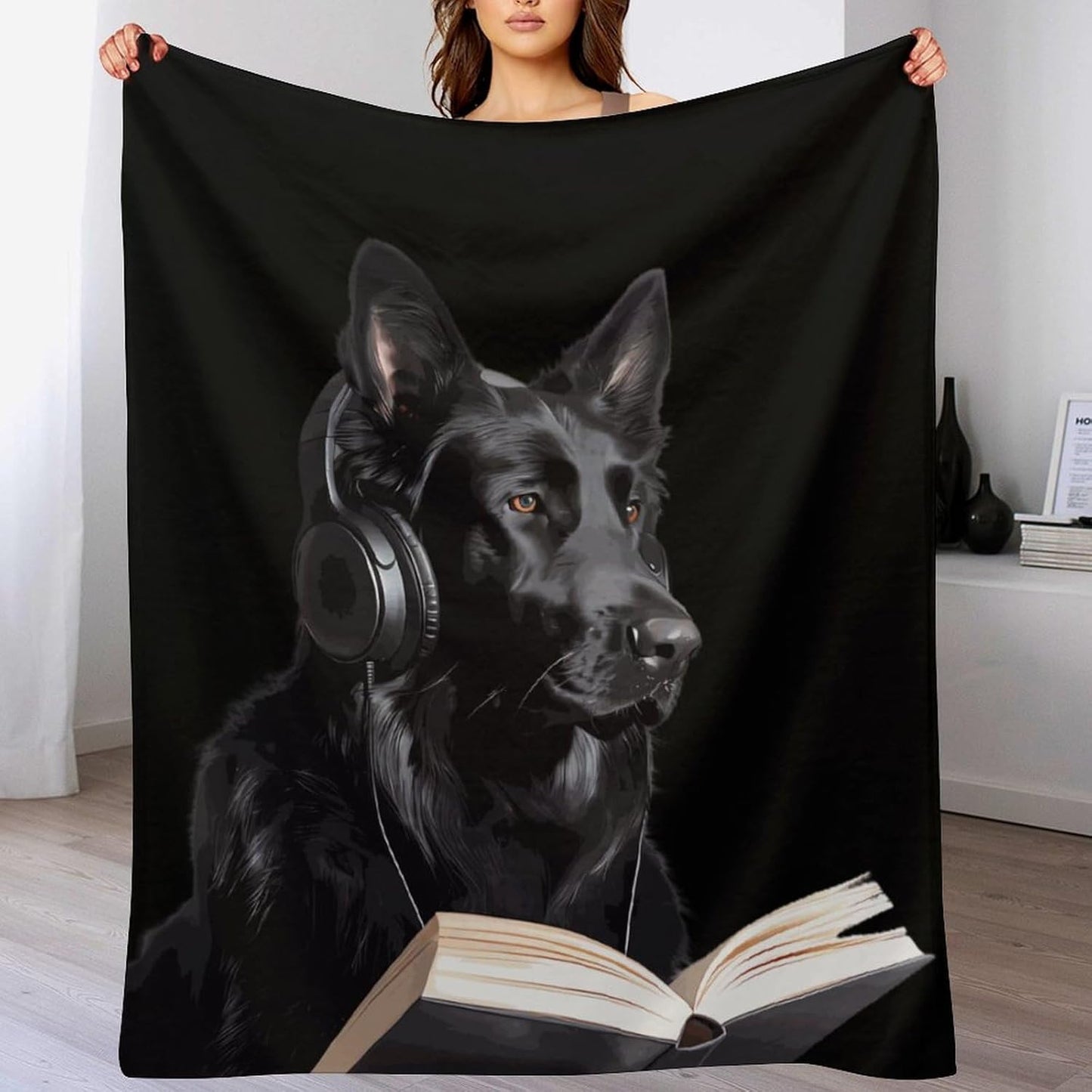 German Shepherd Wearing Headphones Reading Soft Throw Blanket Flannel Warm Lightweight Cozy Plush Blanket for Couch Sofa Bedroom Travel