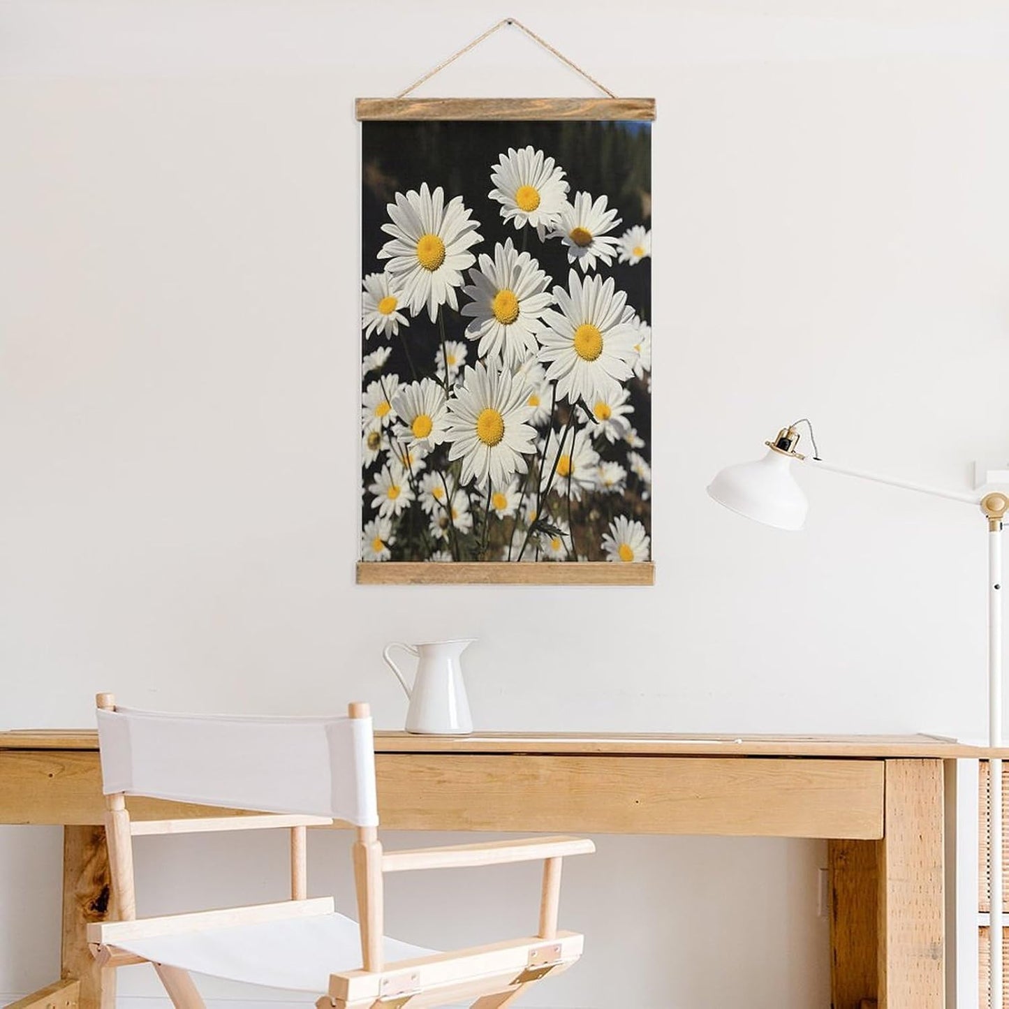Vintage White Daisy Poster with Wooden Frame Personalized Linen Hanging Scroll Painting Rustic Wall Hanging Illustrative Modern Artwork Decor for Home Living Room Bedroom Office