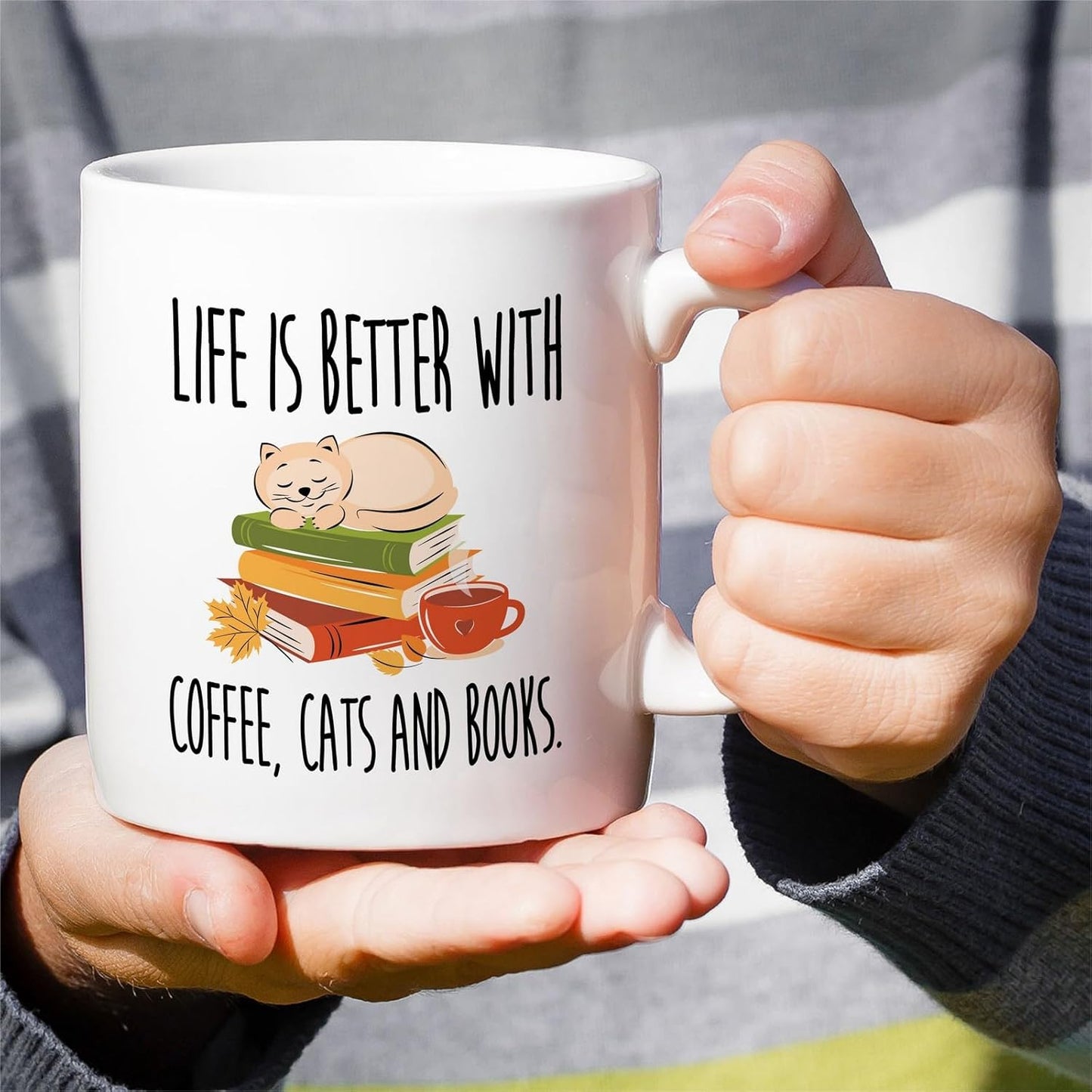 Retreez Funny Book Lover Mug - Life is Better With Coffee, Cats and Books Mug - 11 Oz Ceramic Coffee or Tea Cup - Hilarious Birthday Gift for Cat Lovers, Bookworms, Book Reader, Bookish, Coworker, Mom