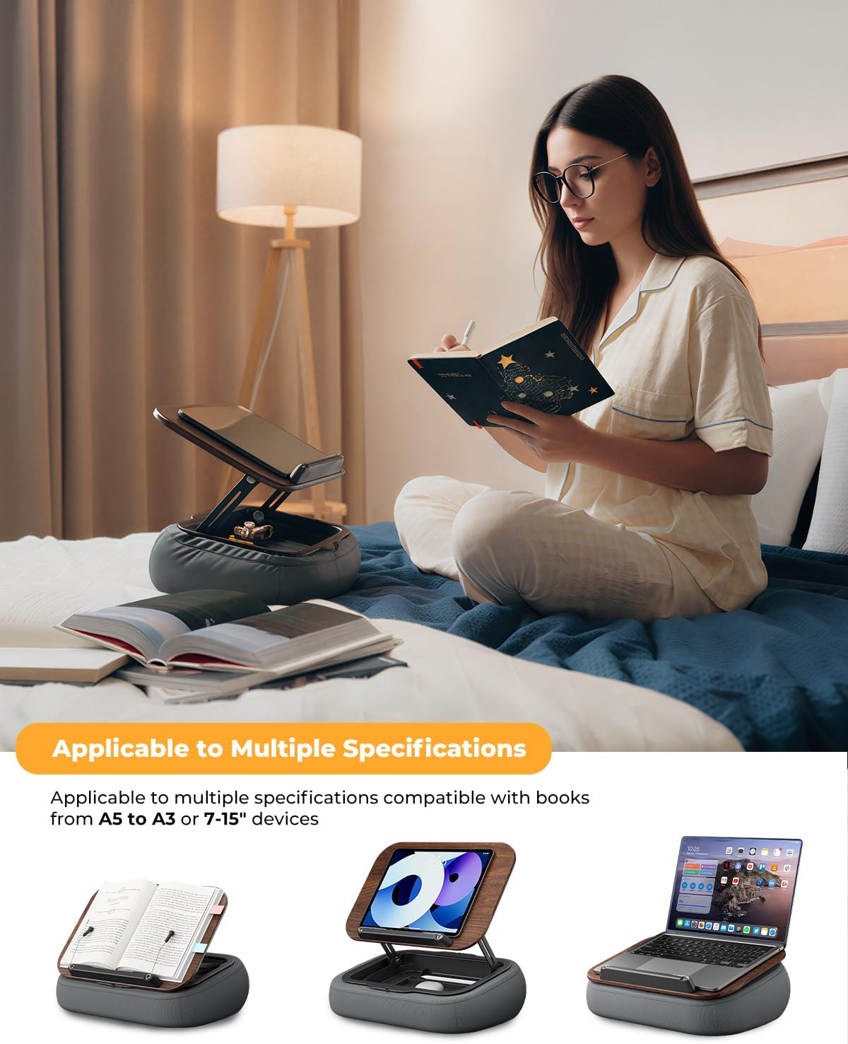 Adjustable Pillow Book Stand with Storage, Ergonomic Lap Beanbag Reading Pillow for Bed & Desk, Multi-Angle Book Stand Pillow Holder, Hands-Free Lap Reading Stand for Books, Tablets & iPad